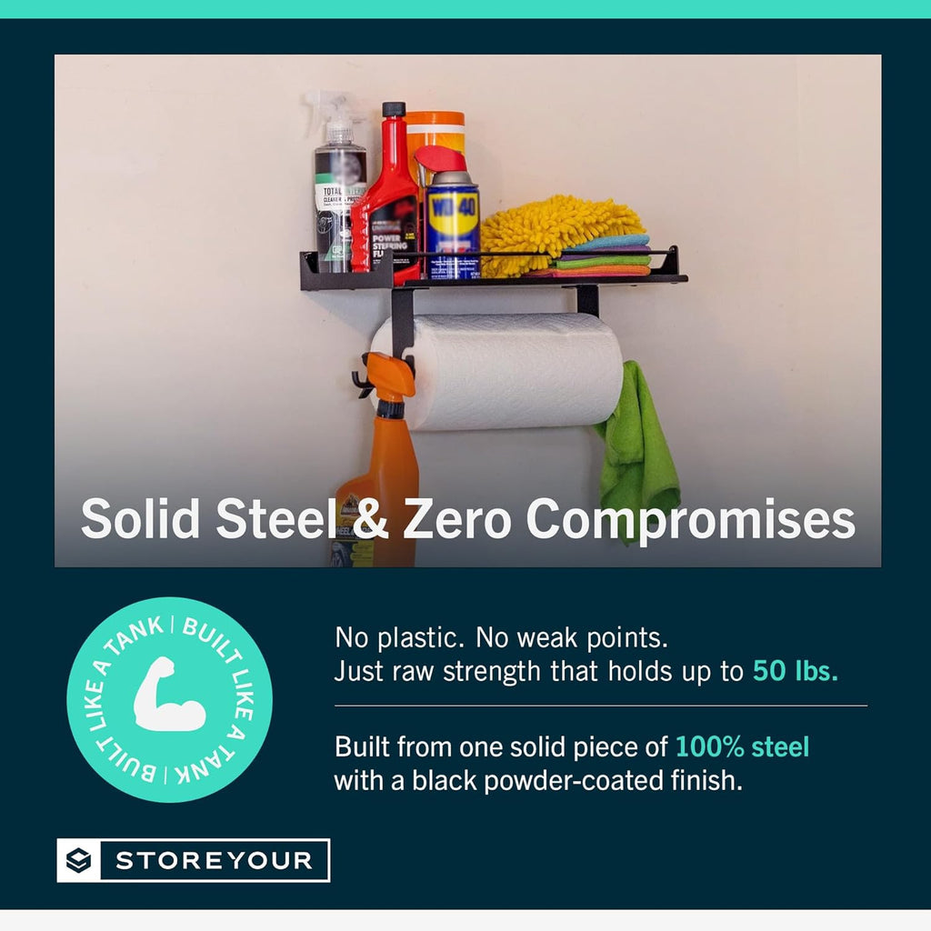 StoreYourBoard Paper Towel Holder Wall Mount – Heavy Duty Paper Towel Holder Mounted for Garage, Workshop, or Utility Room – Space-Saving Garage Shelving & Wall Organizer for Tools, Cleaning Supplies