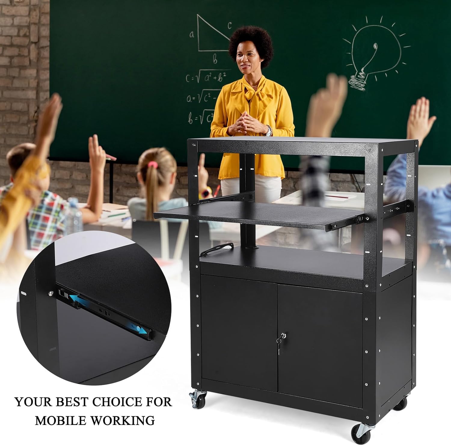 Garvee Mobile AV Cart with Lockable Cabinet, Adjustable Height Laptop Stand, Drop Leaf Workstation, Extra Storage Space, Power Strip Included, Rolling Utility Cart