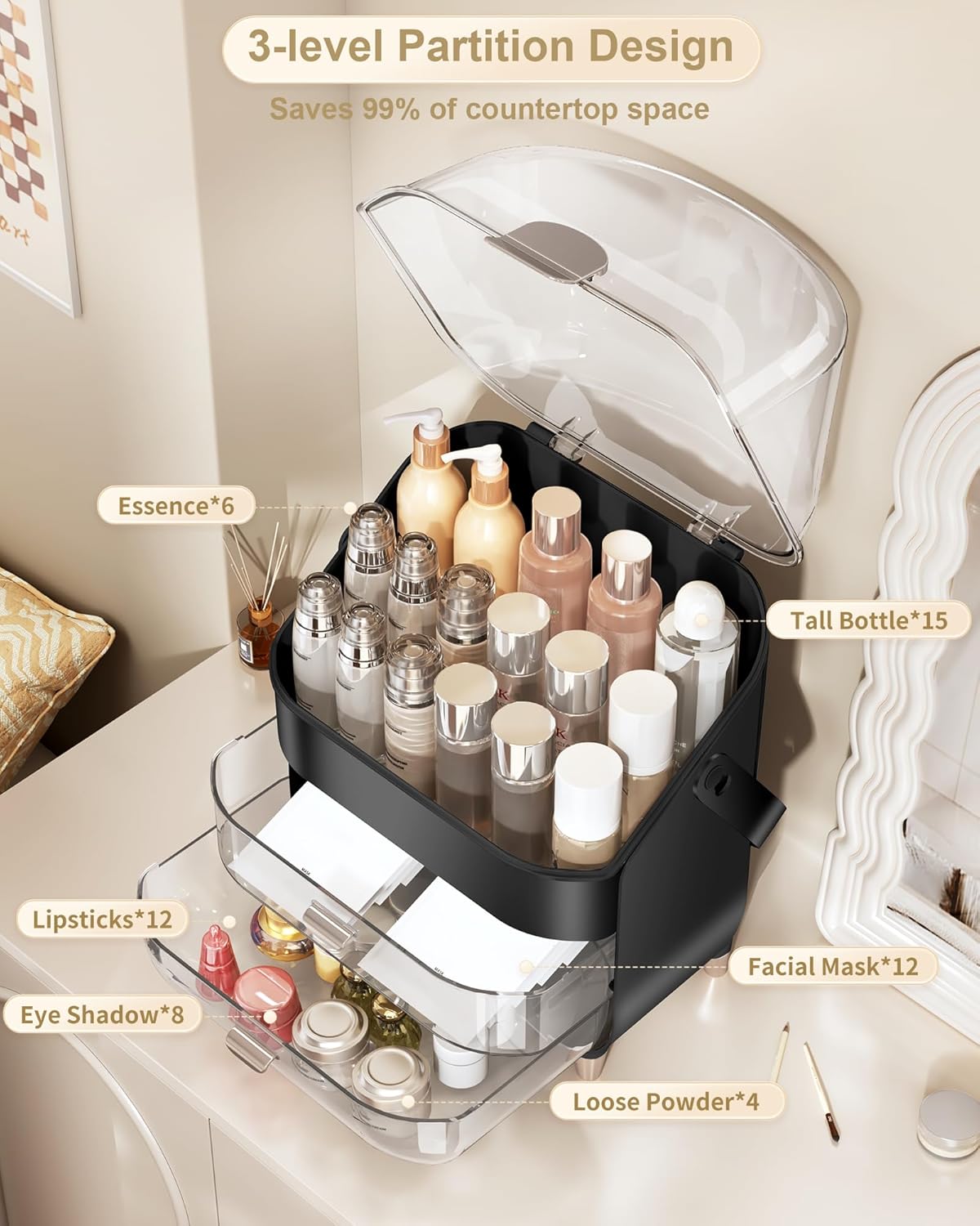 Makeup Organizer Countertop, Skincare Holder Bathroom Counter Organizer, Storage Box Cosmetic Display Cases, Teen Girl Gifts Make up Organizers for Vanity, Dresser (Black)