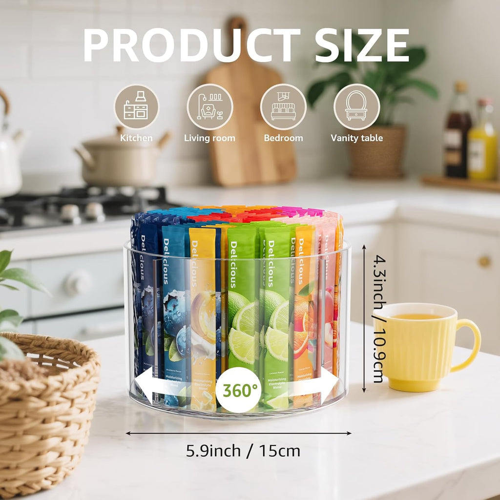 Divided Drink Packet Organizer, Rotating Turntable Organizer, Clear Lazy Susan for Powdered Drink Mix, Water Drink Packet Holder