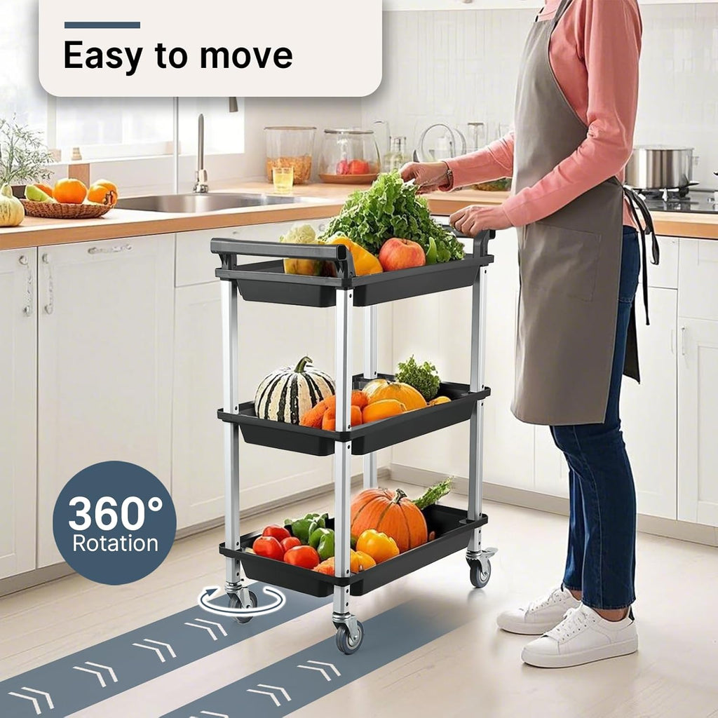 3 Tier Rolling Cart,Plastic Utility Cart with Handle,Rolling Carts with Wheels,Utility Cart with Lockable Casters, Multi-Functional Organizer Cart for Bedroom, Living Room, Kitchen,Office(Black)