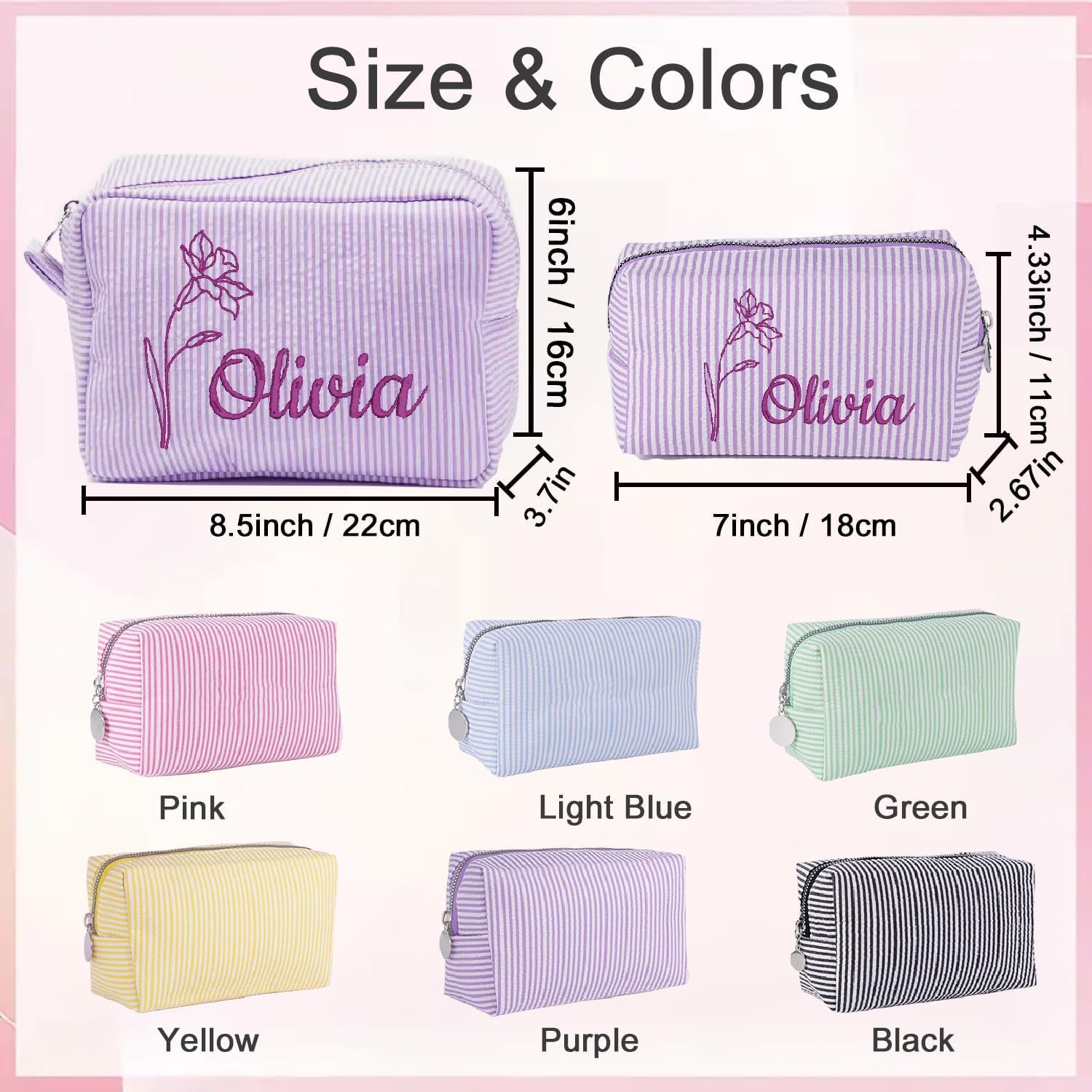 Personalized Seersucker Makeup Bag with Embroidered Name&Birth Flower,Custom Small Travel Cosmetic Bag Toiletry Bag Wedding Gifts for Bridesmaid Bride (Makeup Bag with Birth Flower)