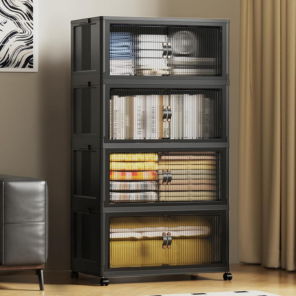 SAILUN 127Gal/508Qt Stackable Storage Bins Folding Collapsible Storage Bins with Lid, Closet Organizers and Storage Box with Door Black 28" W x 17" D x 61" H