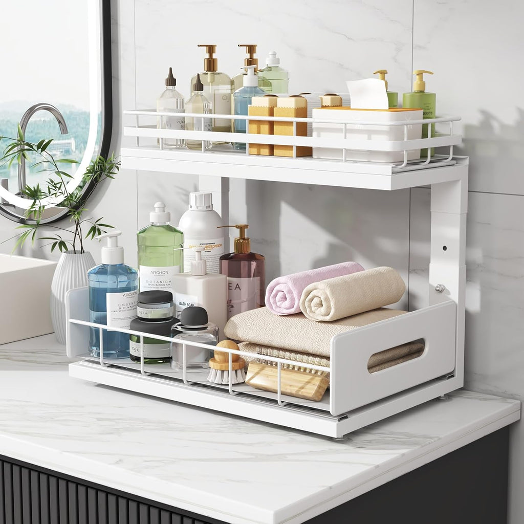 1 Pack Under Sink Organizer Upgrade To Professional Rails,2-Tier Dual Pull Out Cabinet Storage,Height Adjustable Slide Out Drawers For Bathroom Kitchen,Under Sink Shelf-White