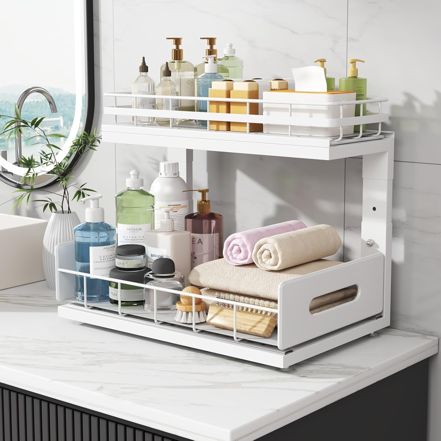 1 Pack Under Sink Organizer Upgrade To Professional Rails,2-Tier Dual Pull Out Cabinet Storage,Height Adjustable Slide Out Drawers For Bathroom Kitchen,Under Sink Shelf-White