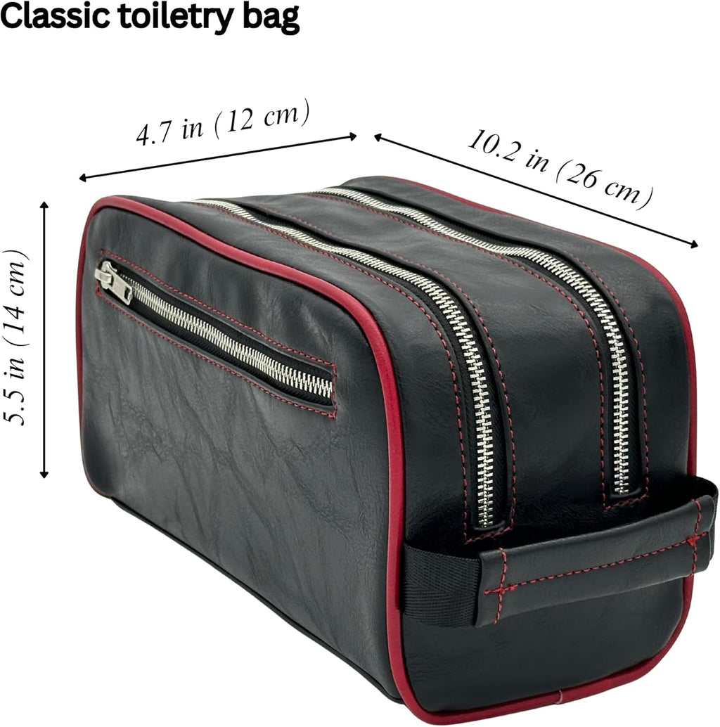 Dopp Gift Large Travel Toiletry Bag Premium Quality PU Leather Two compartments YKK Zippers Water-resistant Bottom Studs Mesh Pockets Durable Cosmetic Organizer BLACK/BURGUNDY
