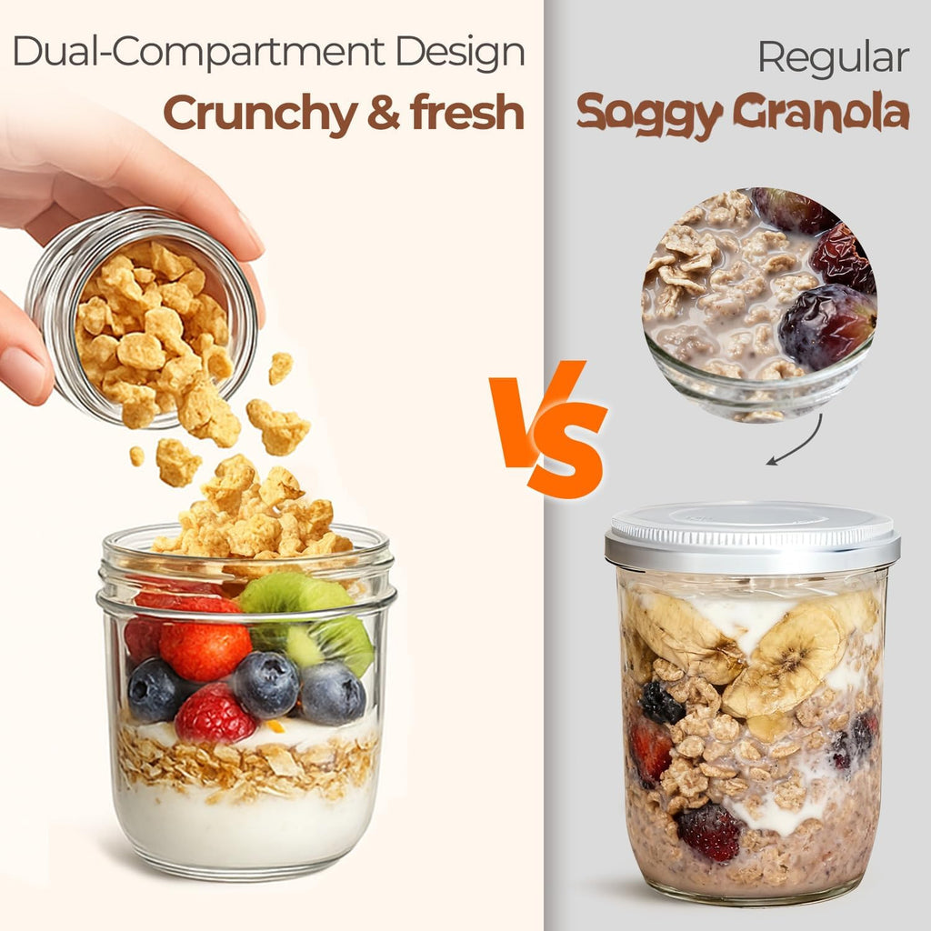 ComSaf Overnight Oats Containers with Lids (8oz+4oz, 6Pcs), Glass Yogurt Parfait Cups for Cereal Nut Fruit, Dual-Layer Chia Pudding Jars Reusable, Small Mason Jars for Salad, Meal Prep, Snack, Oatmeal
