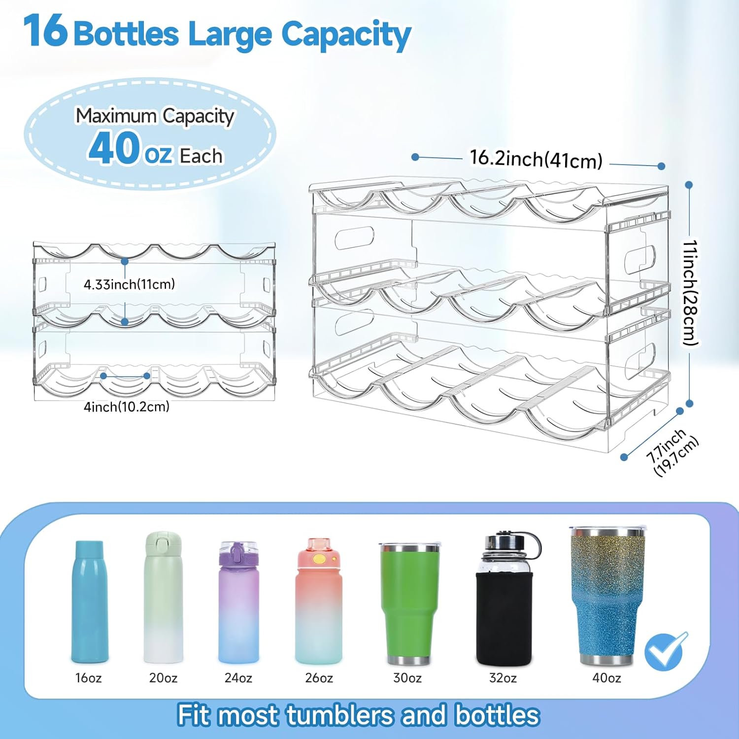 Large Compartment Water Bottle Organizer Rack,3 Pack Stackable Tumbler Storage for Kitchen Fridge Cabinet Organization and Storage,Wine/Drink/Water Bottle Storage Organizer