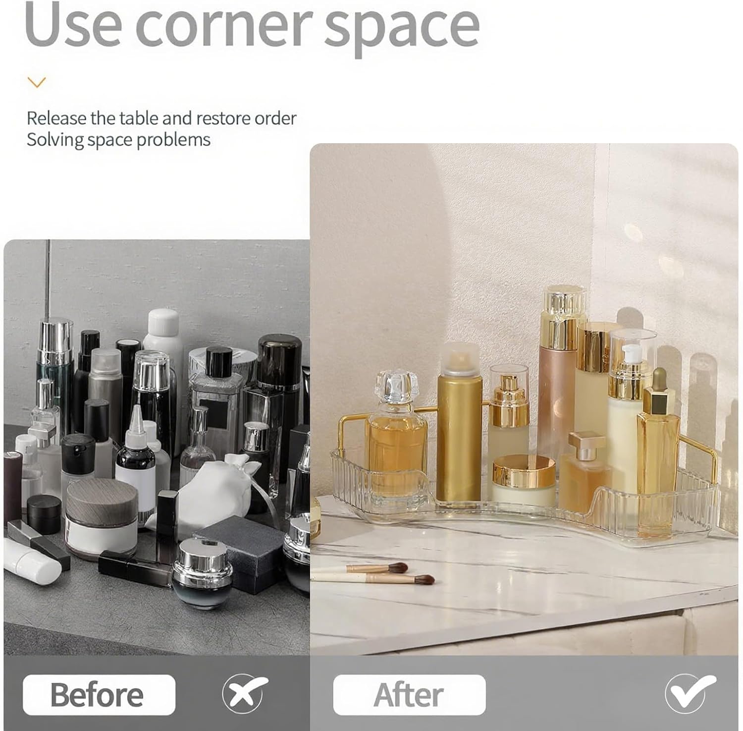 Corner Bathroom Countertop Organizer, Vanity Organizer Trays for Counter, Makeup Organizers, Perfume Tray, Skincare Shelf Storage Gifts for Women Girl Student (Clear, 1 Tier)