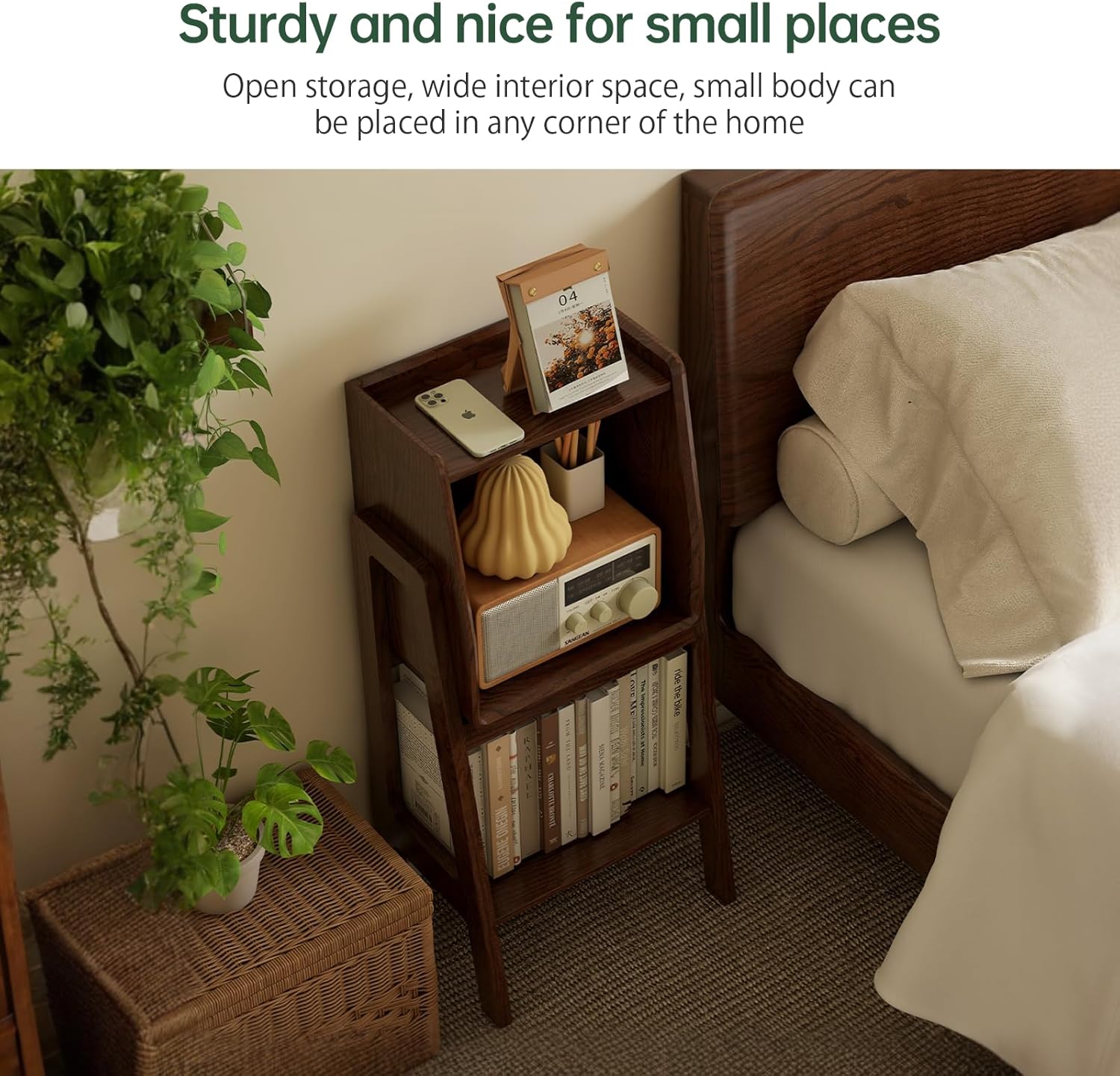 100% Solid Oak Ladder Shelf with Cabinet, 32.67" Tall Nightstand with Stable Frame for Bedroom, Small Bookcase for Living Room Nursery(Walnut, Fully Assembly Furniture)