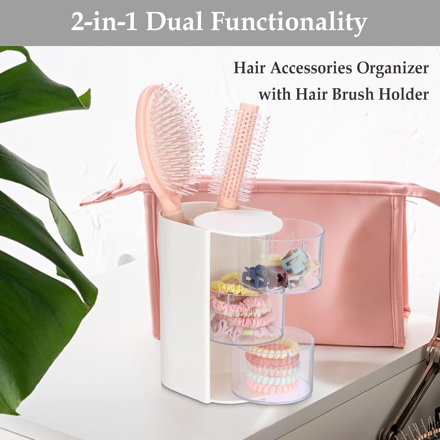 Rotating Accessories Organizer with Comb Holder Plastic Hair Clips Storage Container Cosmetic Storage Box for Makeup Sponge Brush, 3-Layer White