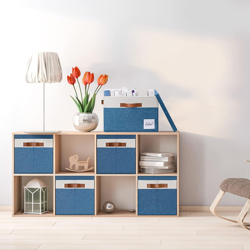 GhvyenntteS Fabric Storage Bins with Lids (3 Pack), Large Closet Storage Baskets with Lid and 3 PU Handles, Foldable Fabric Storage Boxes with Label Window for Home Office (Blue, 15" x 11" x 9.7")