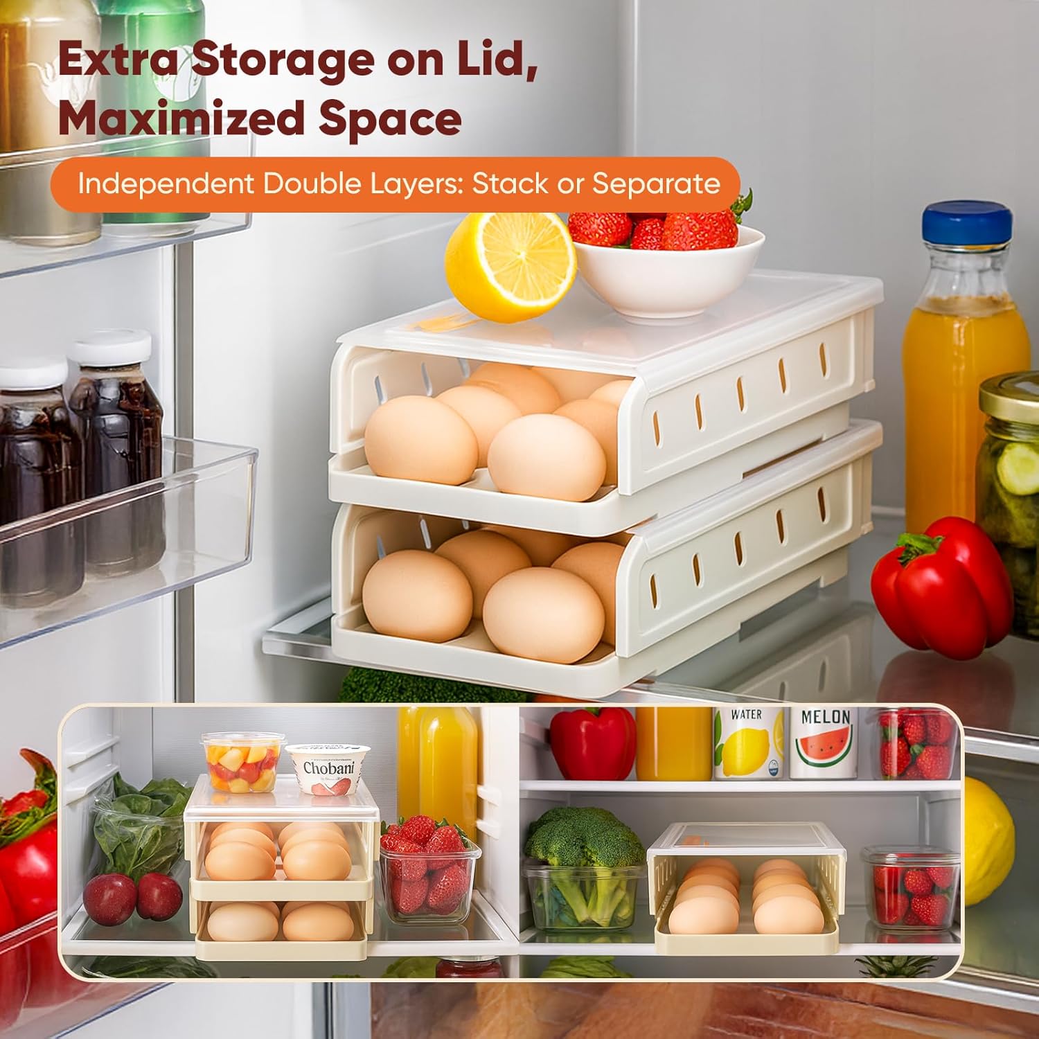 Automatic Rolling Egg Holder for Refrigerator, 2-Pack Stackable Egg Storage Containers, Smooth Glide Track, Steady Base & Dishwasher Safe