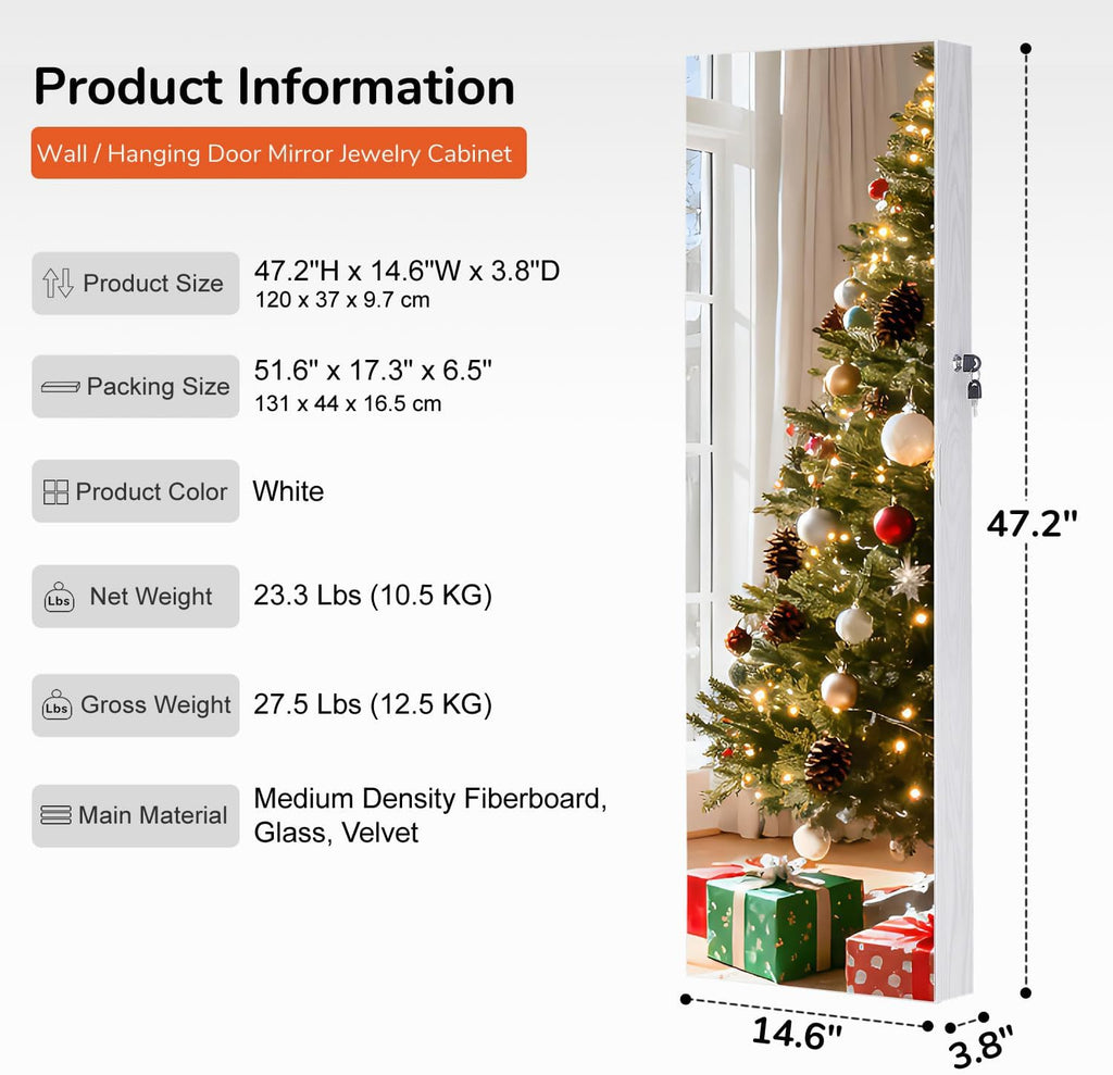 GISSAR Full Length Mirror Jewelry Cabinet, 6 LEDs Jewelry Armoire Wall Mounted Over The Door Hanging, Jewelry Organizer Storage with Lights Lockable White