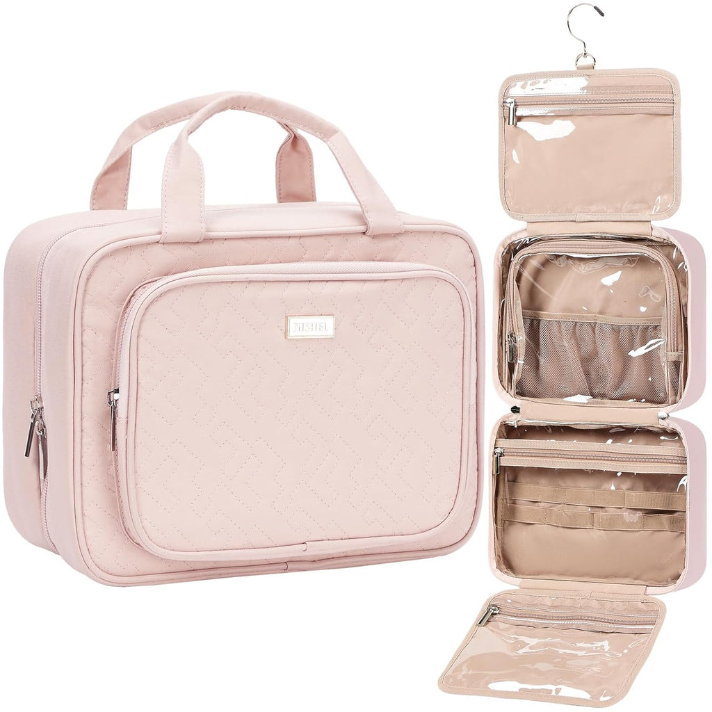 NISHEL Travel Toiletry Bag for Women, Makeup Essentials Organizer, Hanging Case for Accessories, Cosmetics, Medium Size, Pink