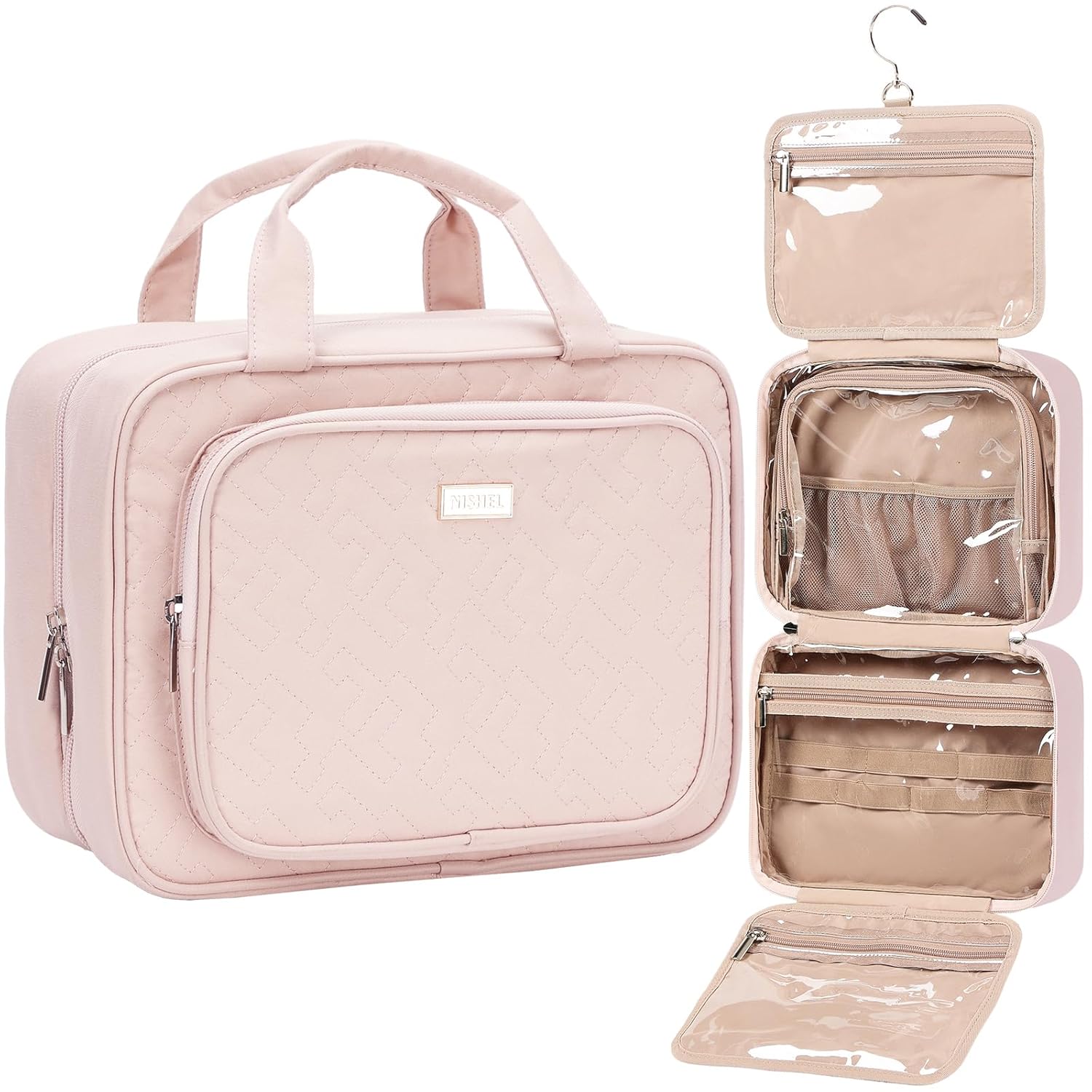 NISHEL Travel Toiletry Bag for Women, Makeup Essentials Organizer, Hanging Case for Accessories, Cosmetics, Medium Size, Pink