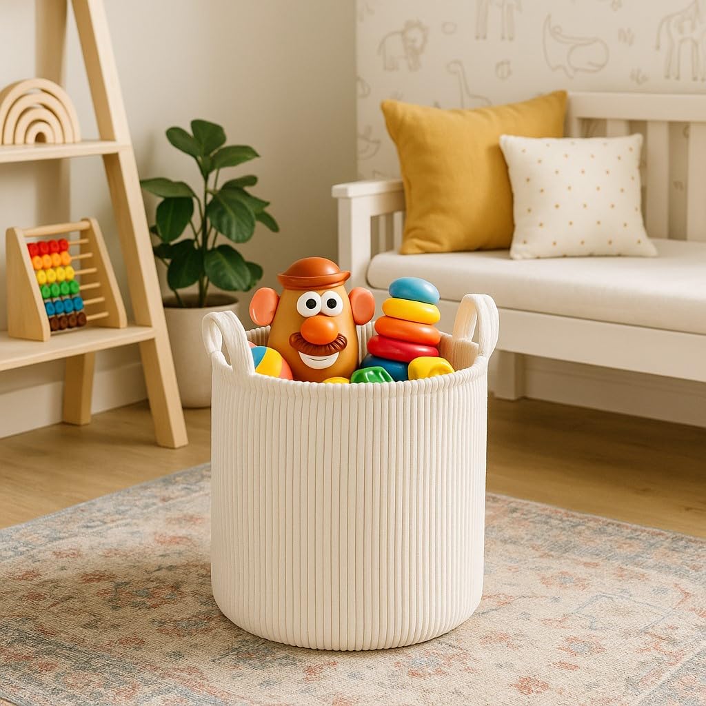 PUTSKA Blanket Basket – Round Storage for Toys and Blankets, Clothes, Stuffed Animals – Soft Baby Girl Basket for Nursery, Kids Room, Bedroom, Living Room – Large, Cream