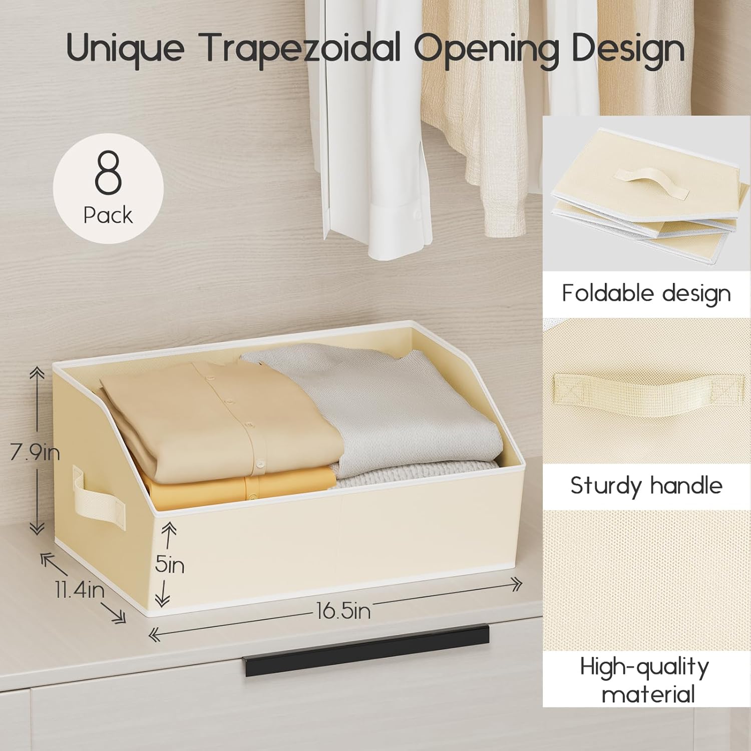 Large Closet Organizers and Storage Bins - 6 Pack Trapezoid Storage Baskets for Shelves, Foldable Fabric Baskets with Handles Ideal for Closet, Basket, Wardrobe and Shelf Storage, Beige