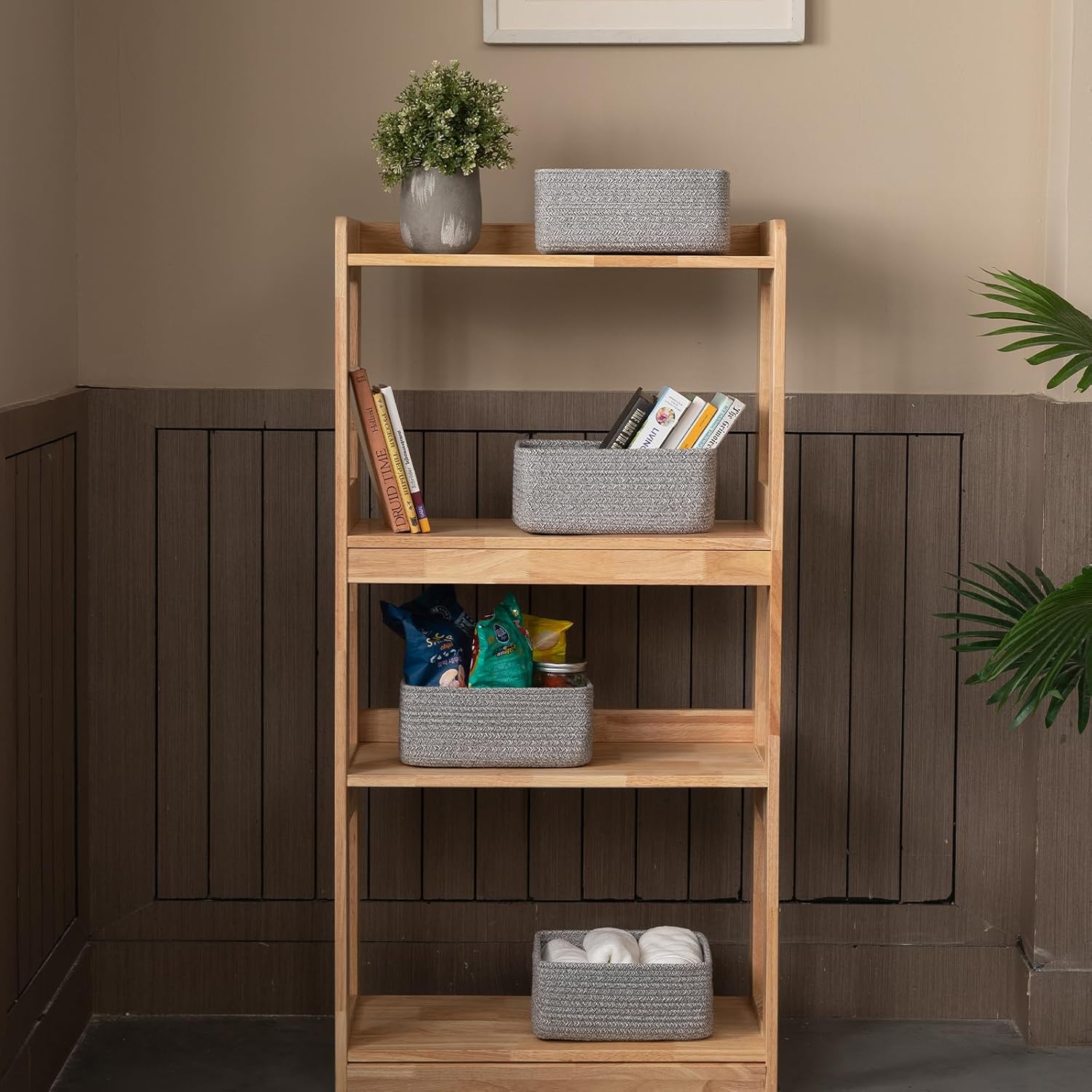 4 Pack Small Storage Shelf Baskets for Organizing, Mini Woven Rope Storage Bins for Towels, Cute Decorative Closet Organizer，Baby Nursery, Gift Empty Baskets -11.81''Lx7.87''Wx4.72''H-Grey