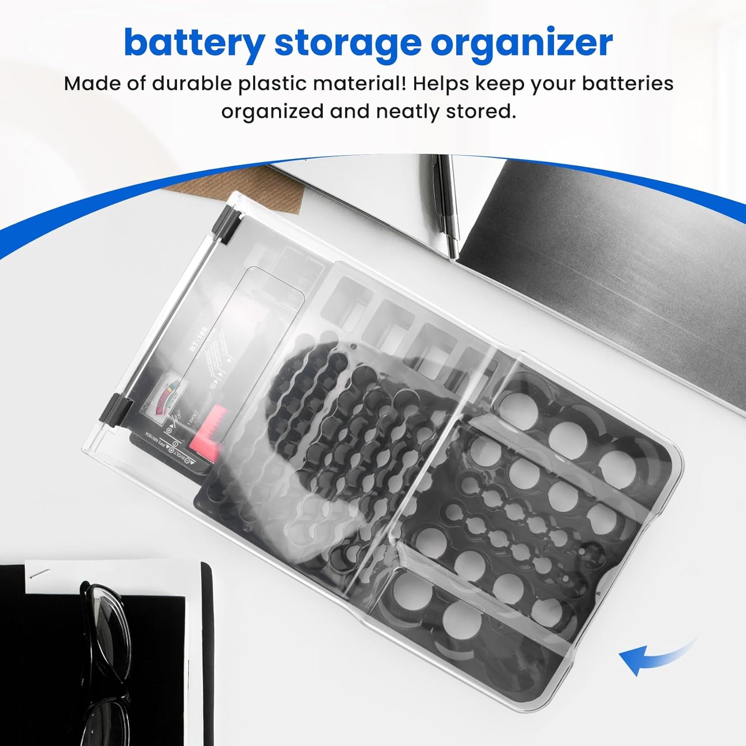 The Battery Storage Case,Organizer with Hinged Clear Cover, with Battery Tester, Holds 93 Batteries Various Sizes, Black