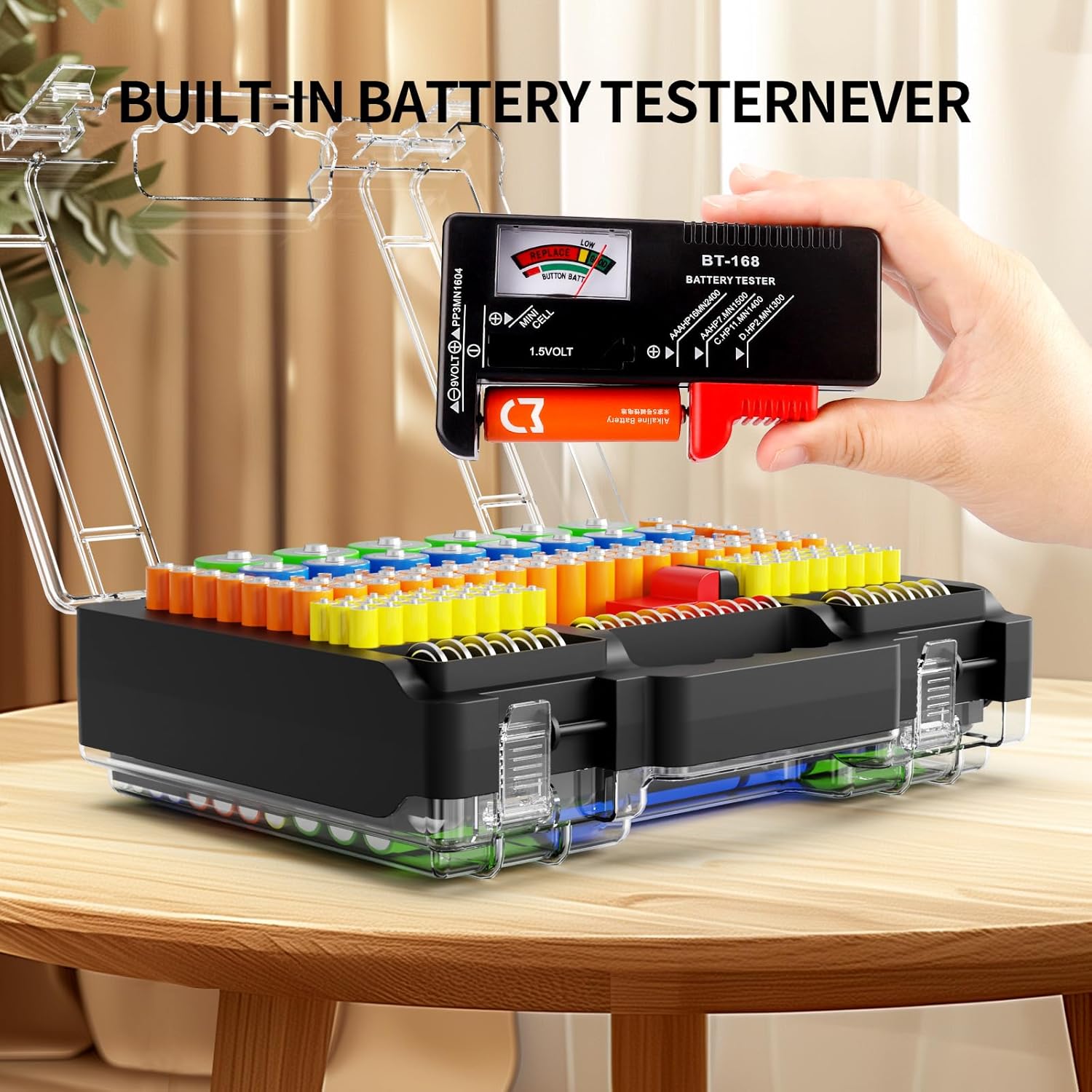 Battery Organizer Storage Holder Box Case with Tester, Stores & Protects Up to 260 Batteries, Double-Clear Locking Lid, Holds AA AAA C D and More (Not Includes Battery Pack) - Black