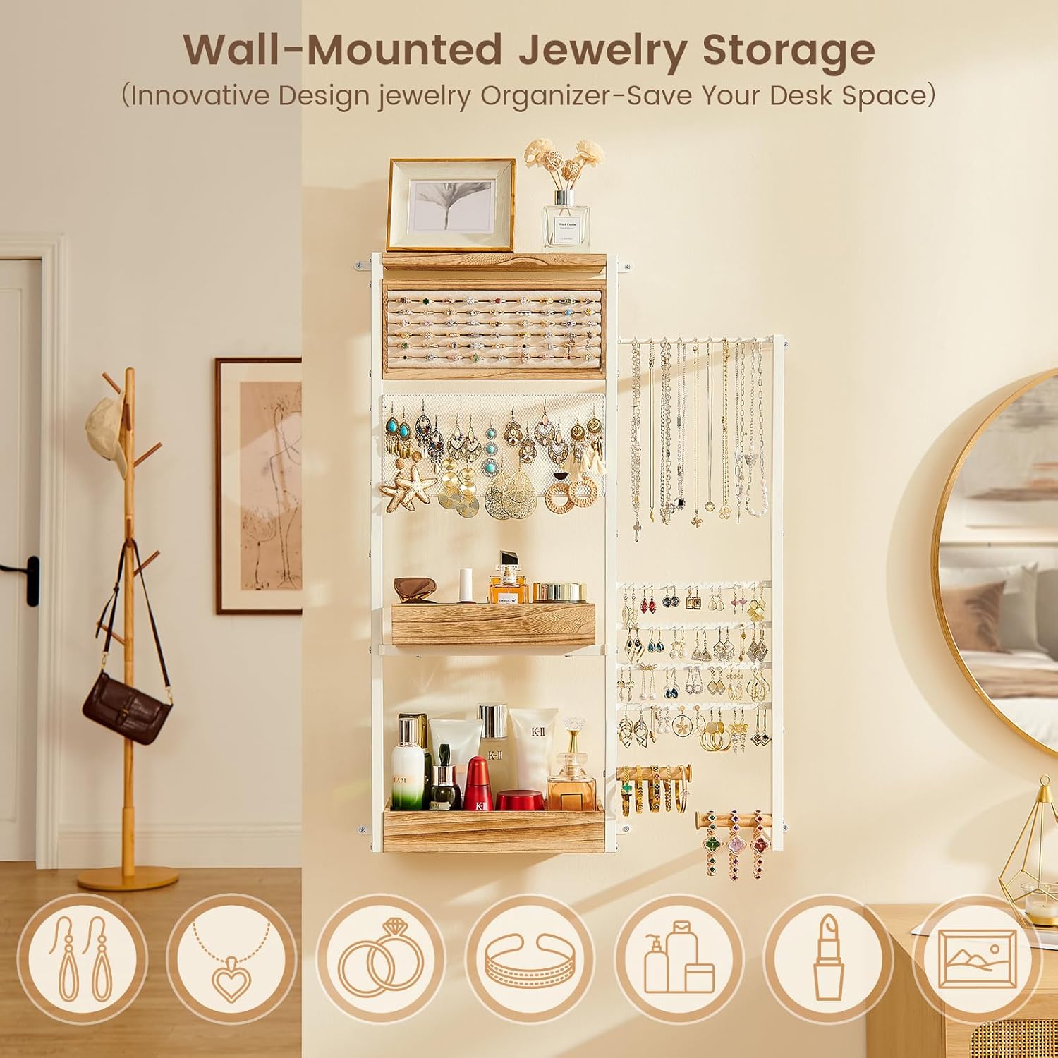 Pinzoveco Hanging Jewelry Organizer Wall Mounted, Large Hanging Jewelry Organizer Holder for Necklaces,Bracelest,Earrings,Rings,Watched,Makeup & Perfume (White)