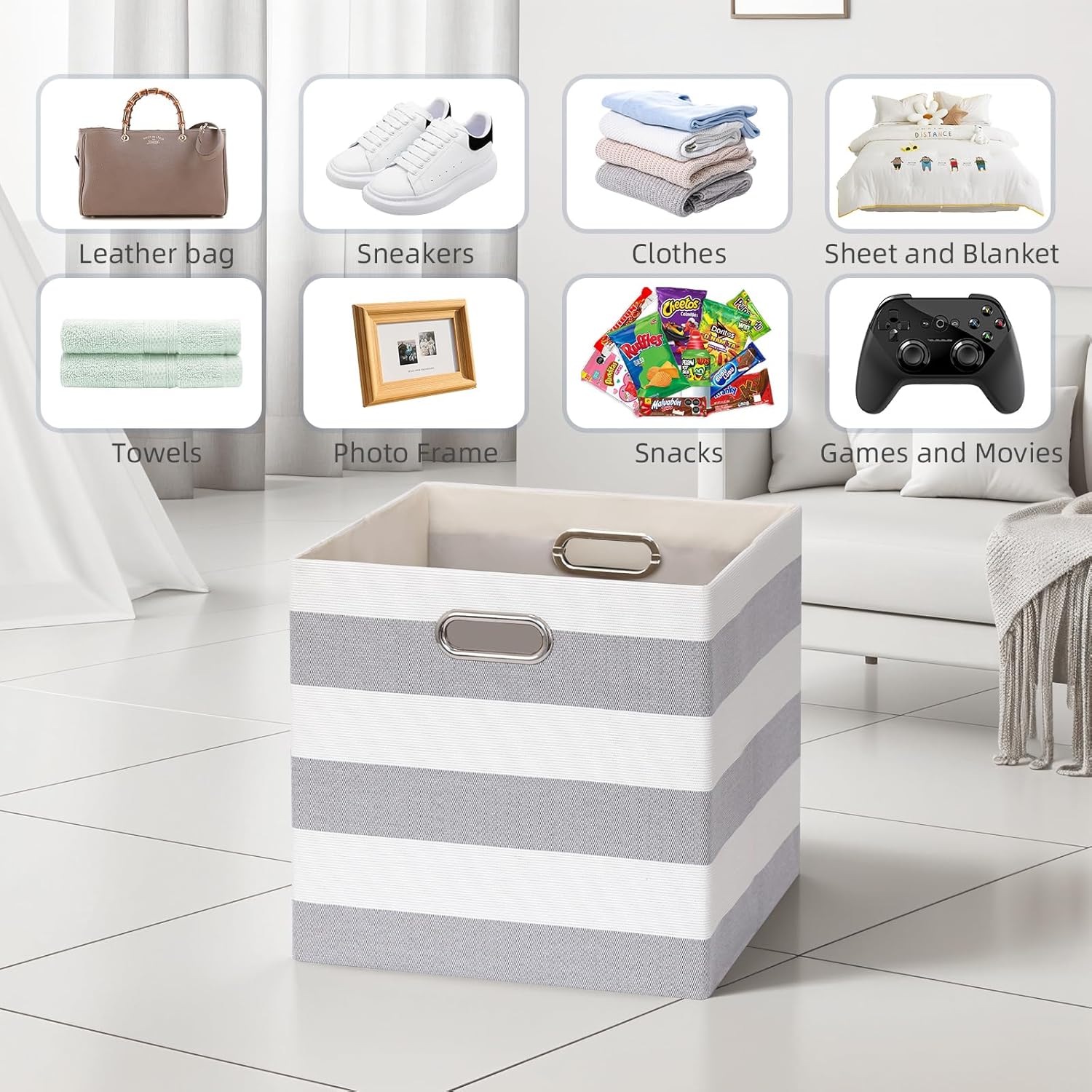 11x11 Cube Storage Bins, Collapsible Fabric Storage Cubes, Cubby Storage Organizer Bins Striped Container Baskets for Organizing Home Office Wardrobe Closet Shelf, Pack of 4, Gray/White