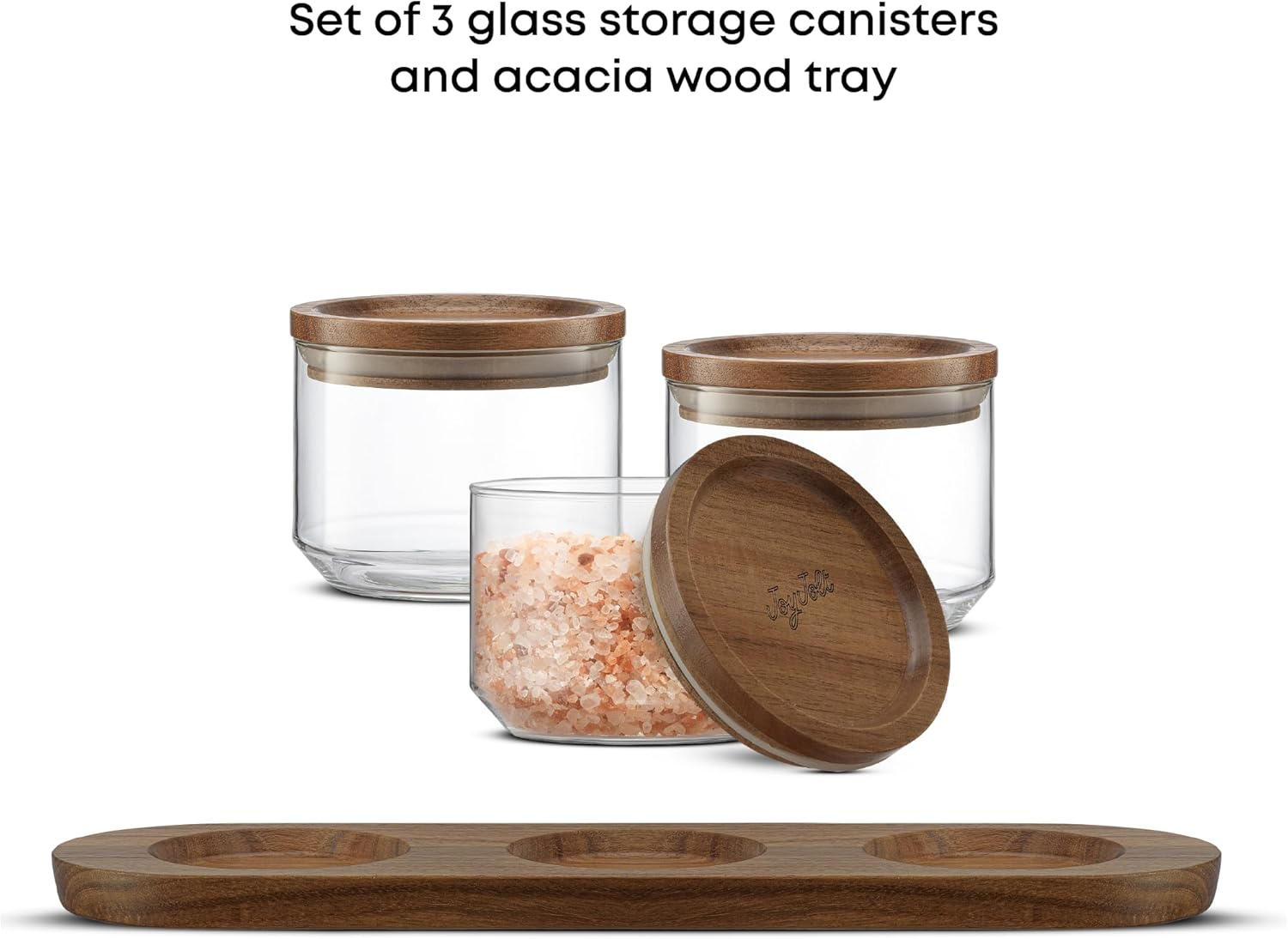JoyJolt Holden 14oz Stackable Glass Storage Containers with Lids and Wooden Tray, Small Airtight Food Canister Set of 3 with Acacia Wood Lids, Round Clear Stacking Pantry and Kitchen Containers