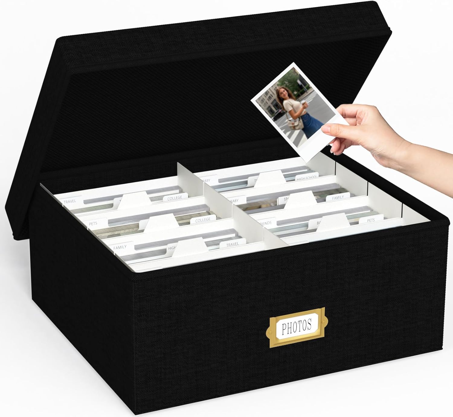 Decorative Photo Storage Box - Linen Photo Box Organizer with Dividers, Fits Holds Up to 1700 Pictures and 4x6 Photos, Memory Keepsake Organizer for Photos, Scrapbook Supplies, Cards, Stamps (Black)