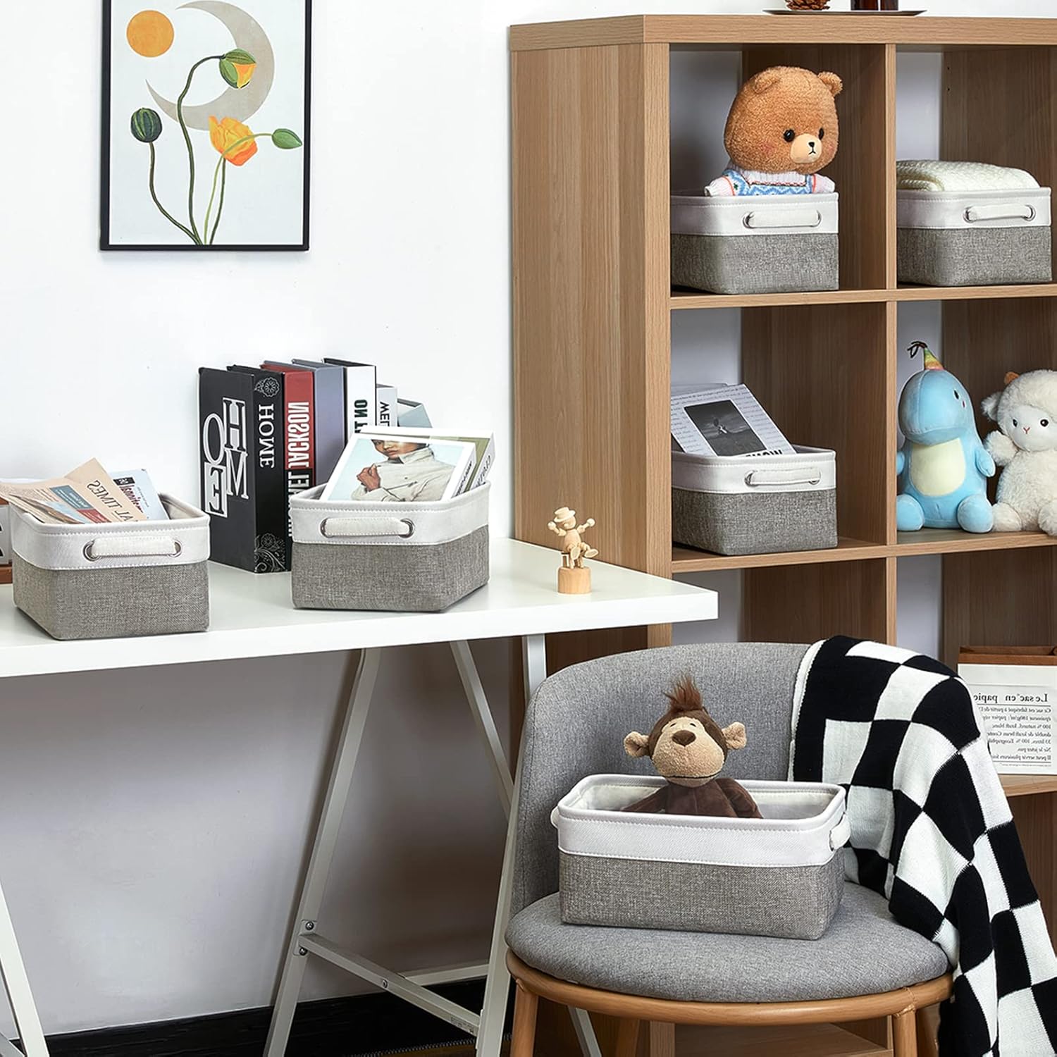 HNZIGE Small Organizer Bins for Shelf,Small Fabric Collapsible Baskets for Organizing Nursery Linen Canvas,Set of 6 Decorative Storage Basket for Storage Closet Toy(White&Gray, 11.8" x 7.8" x 5.1")