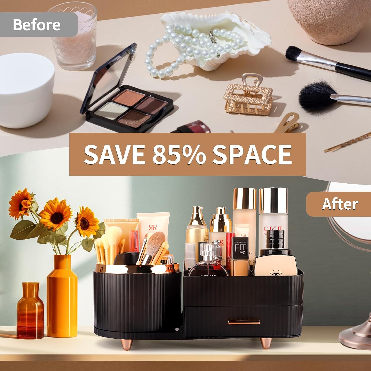 Makeup Organizer for Vanity, Cosmetic Display Case with Drawers, Fits Makeup, Skincare Products, Brushes, Lipsticks, and Other Accessories, Versatile Storage Solution (Black)