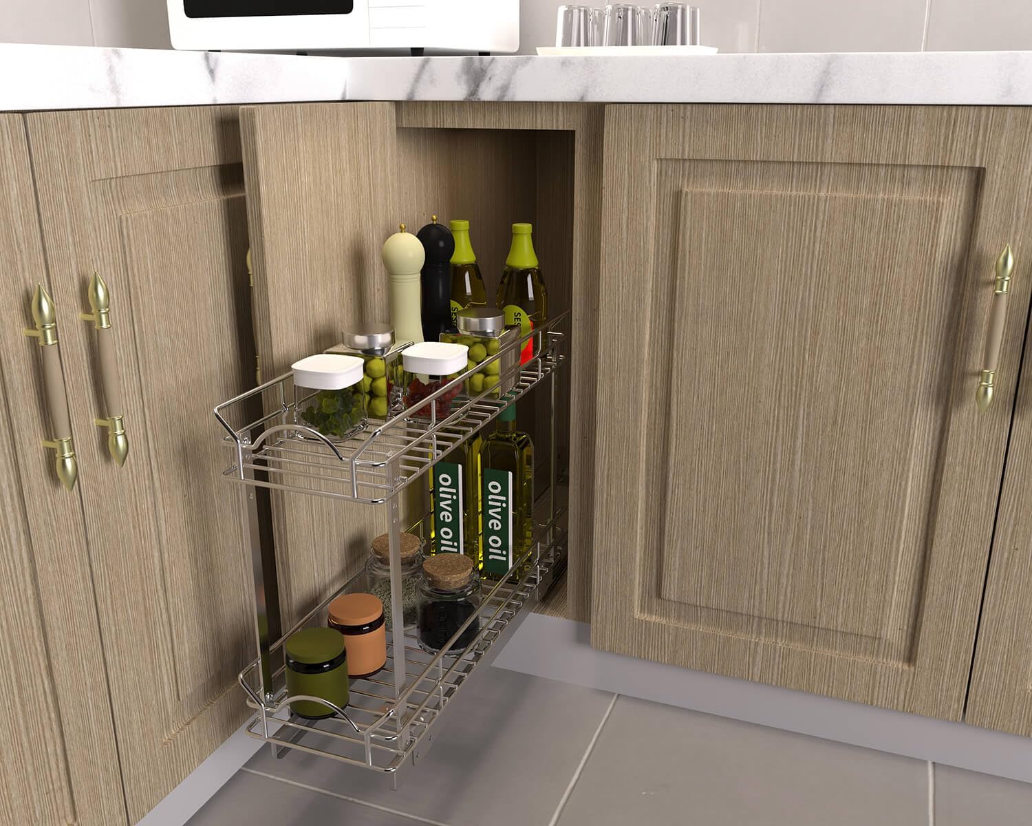 OCG Slide Out Cabinet Organizer for Narrow Cabinet (9" W X 17" D), 2 Tier Pull Out Shelves Slim Sliding Cabinet Organizer and Storage, Chrome