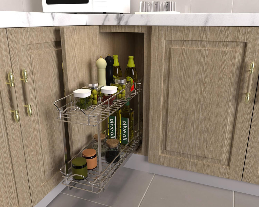 OCG Slide Out Cabinet Organizer for Narrow Cabinet (9" W X 21" D), 2 Tier Pull Out Shelves Slim Sliding Cabinet Organizer and Storage, Chrome