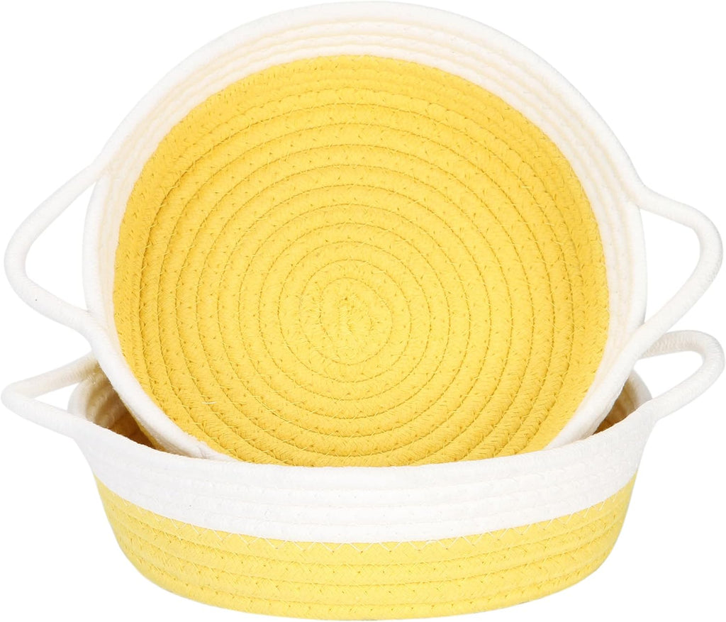 Sea Team 2-Pack Cotton Rope Baskets, 10 x 3 Inches Small Woven Storage Basket, Fabric Tray, Bowl, Round Open Dish for Fruits, Jewelry, Keys, Sewing Kits (Yellow & White)