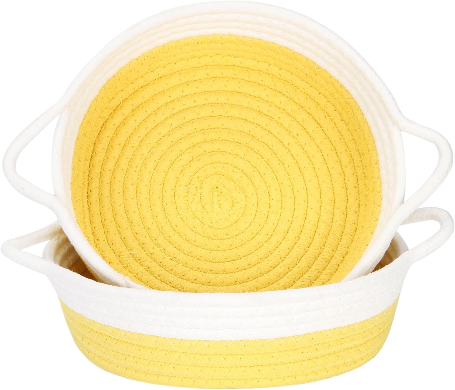 Sea Team 2-Pack Cotton Rope Baskets, 10 x 3 Inches Small Woven Storage Basket, Fabric Tray, Bowl, Round Open Dish for Fruits, Jewelry, Keys, Sewing Kits (Yellow & White)