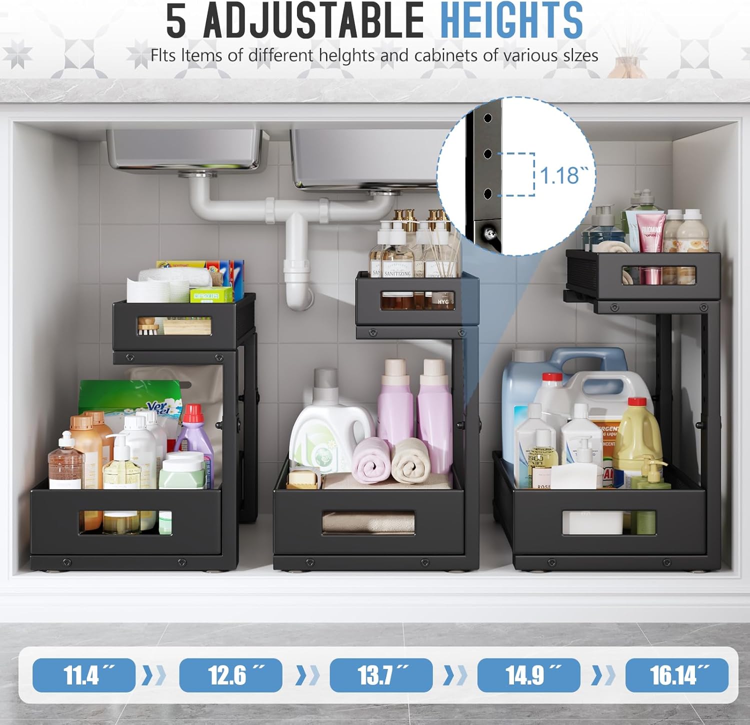 1 Pack-11.4"-16.14"H Under Sink Storage Organizer, Large 2-Tier Elegant Mesh Pull Out Shelf for Kitchen and Bathroom Cabinet Organization, L-Shaped and Adjustable Height Design for Maximum Space-Black