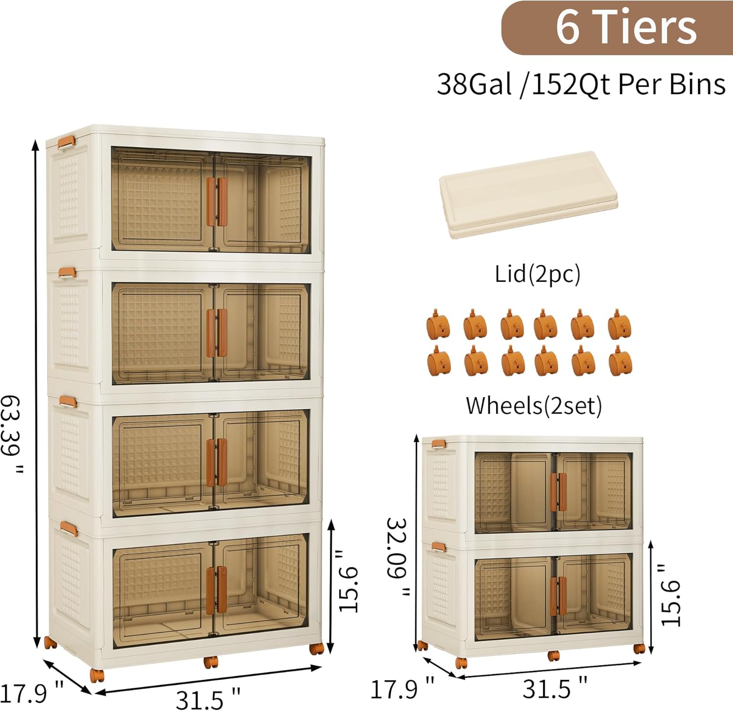 Plastic Stackable Storage Bins with 2 Lids and Wheels, Foldable Closet Organizers and Storage Containers, Collapsible Clear Drawer Storage Cabinet with Doors Ivory White 912 QT