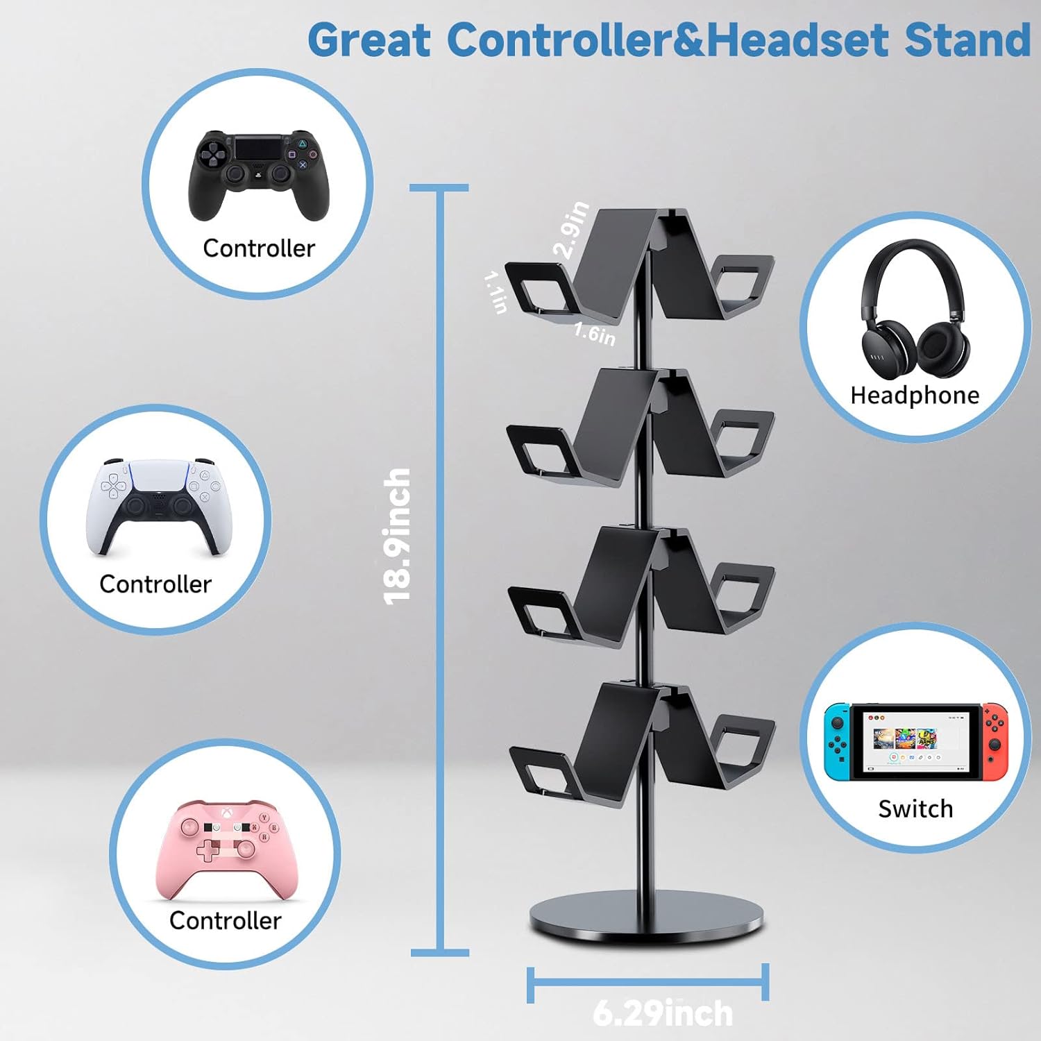 Controller Holder 4 Tier,Headphone Stand - Adjustable Headset Holder for Xbox PS5 PS4 Switch Pro - Gaming Storage for Universal Game Accessories,Desk/Floor(Black)