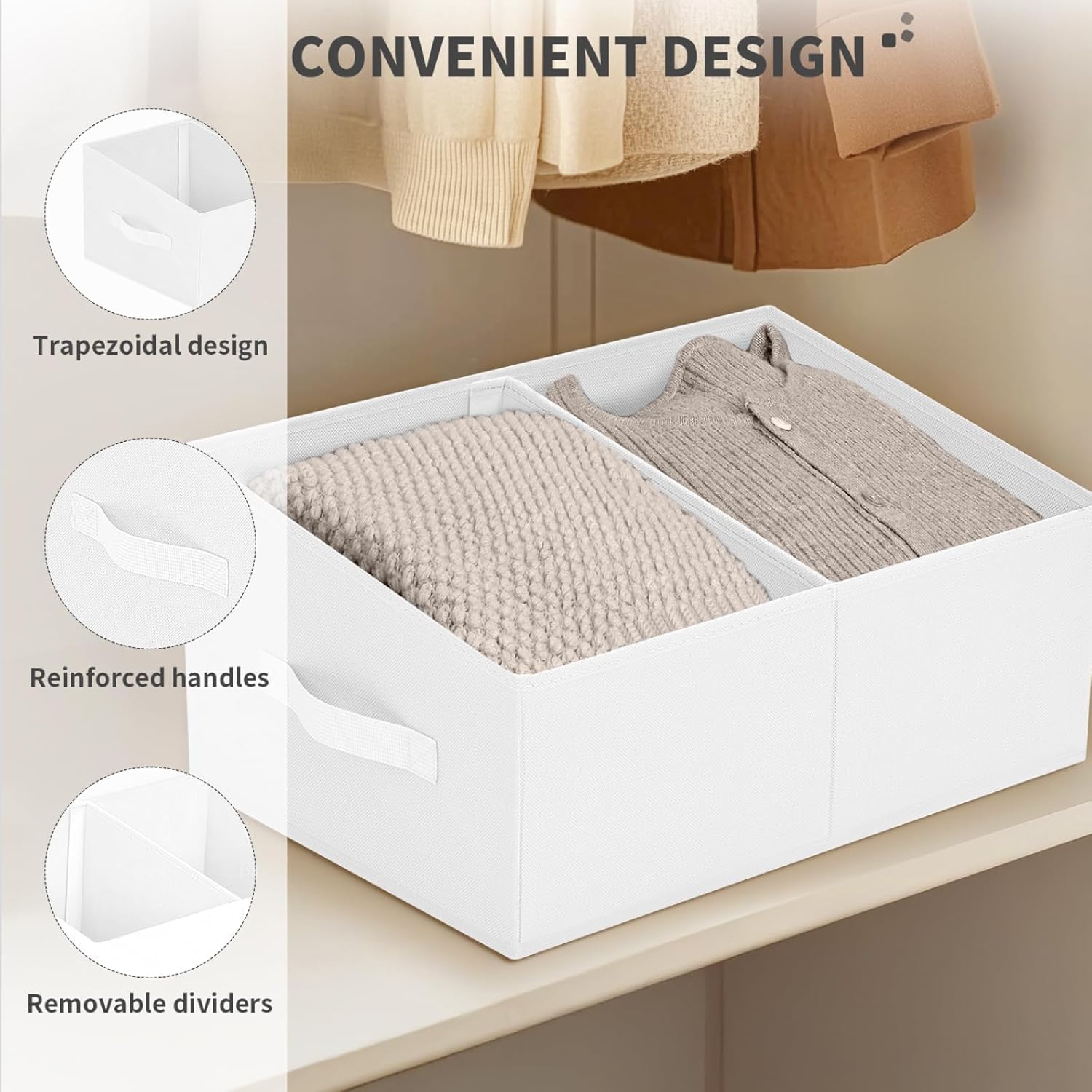 DIMJ Large Closet Shelf Organizer Bins 6 Packs with Handles and Divider, Fabric Trapezoid Storage Baskets, Foldable Clothes Containers Box for Shelf, Towel, Book, Toy, Purse, Hats, ,White