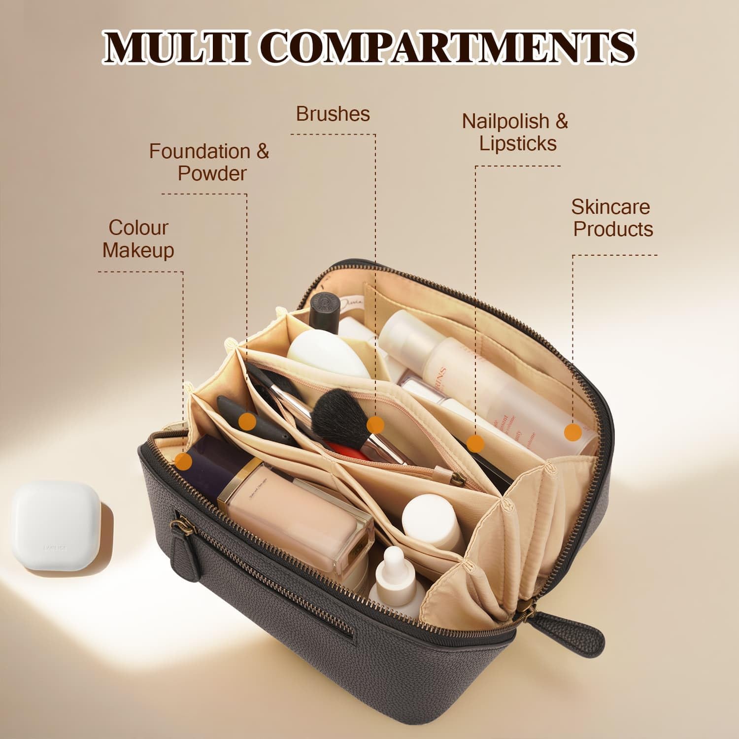 Travel Makeup Bag Large Capacity Cosmetic Bags for Women Waterproof Make up Organizer Toiletry Bag Open Flat Portable with Divider with Handle Pouch (Black, 3L)