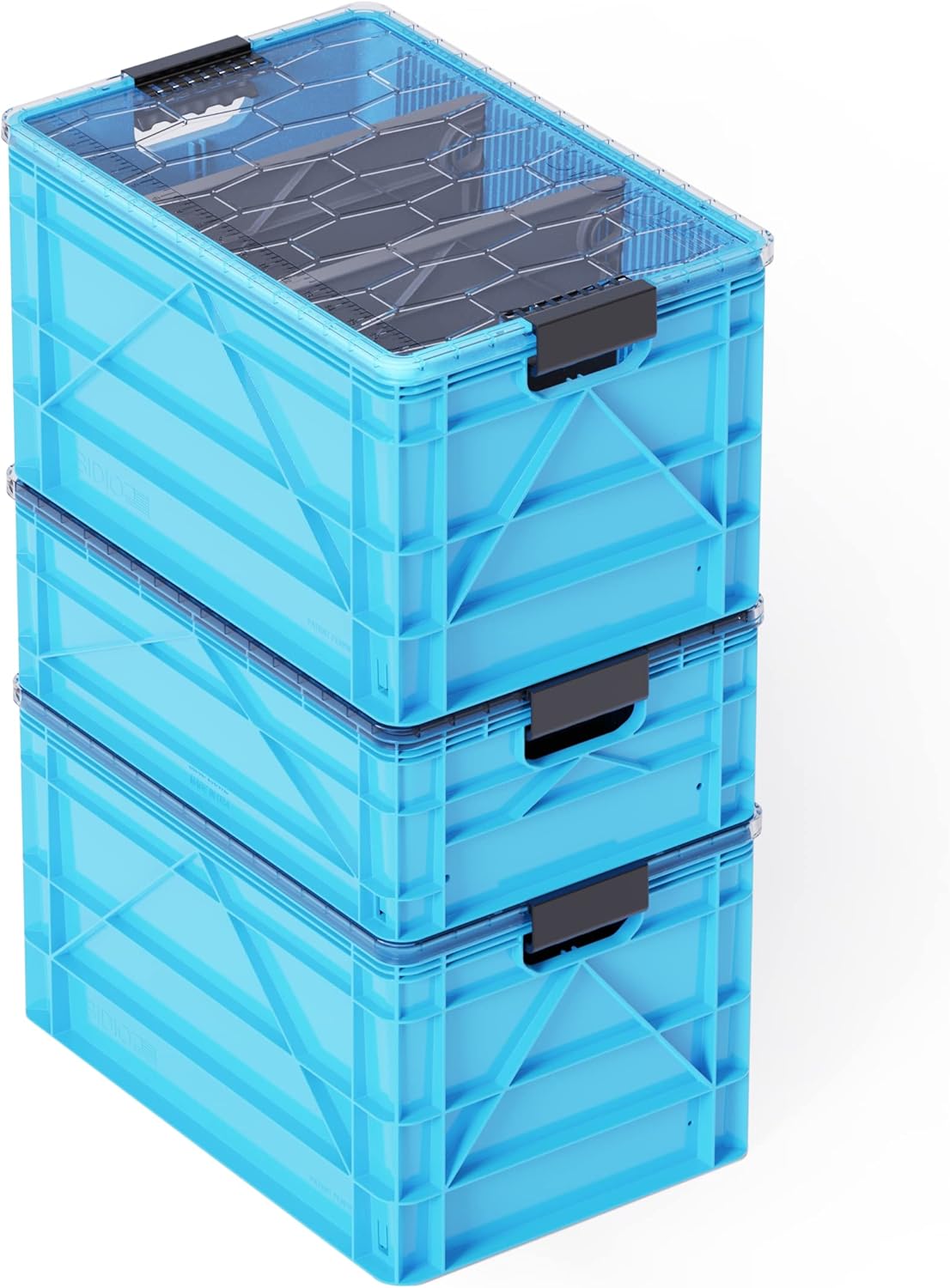 SIDIO Crate Pro Pack - 2 Full-Size & 1 Half-Size Heavy Duty Stackable Storage Bins, Totes and Containers with Lids and Dividers - Durable Plastic Organizer for Home, Office, Garage, and Outdoor Use