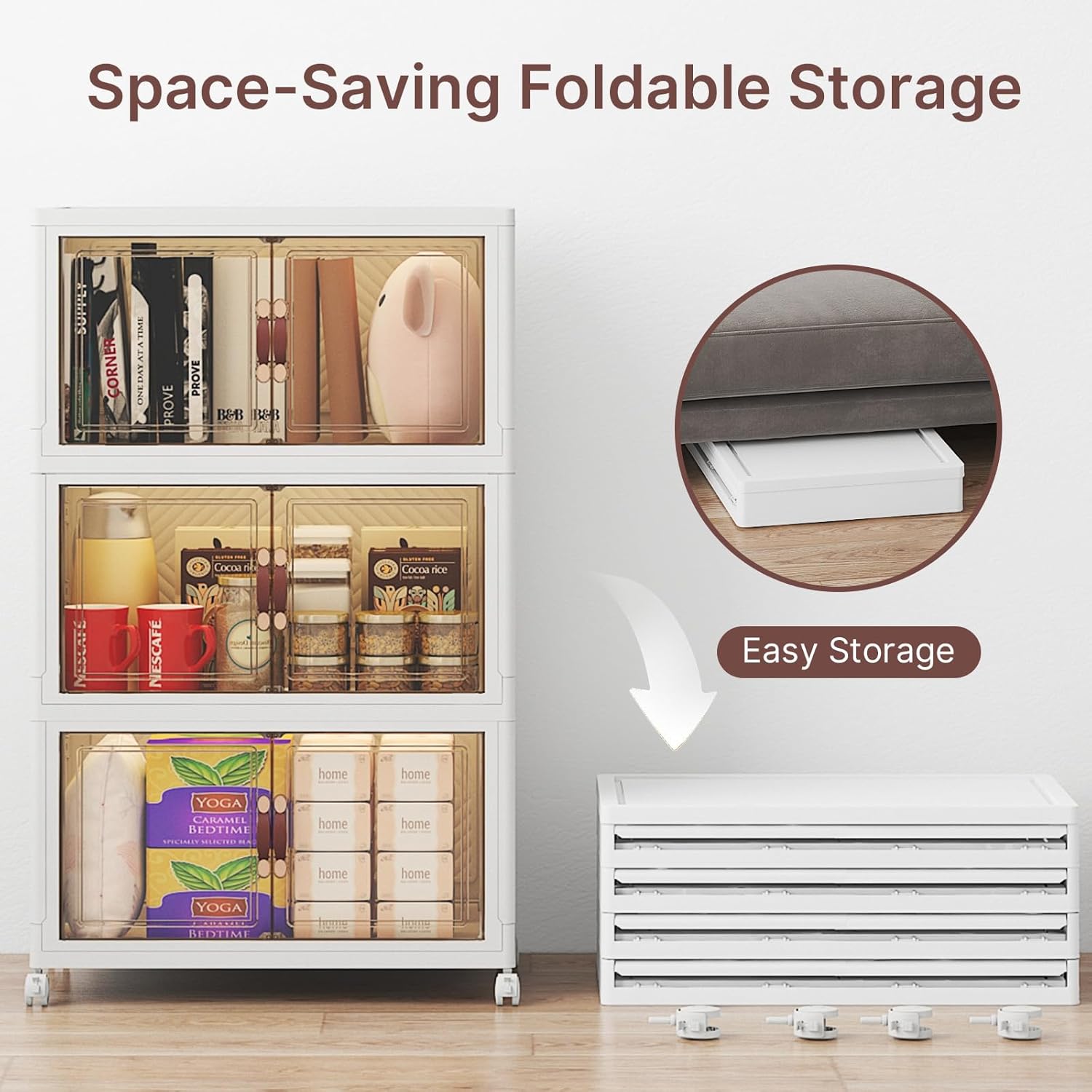 Stackable Storage Bins with Lids, Large Collapsible Storage Bins with Wheels, Plastic Cabinet with Doors, Foldable Closet Organizers for Home, Dorm, Office (White-55QT, 3Pack with 1Top Lid)