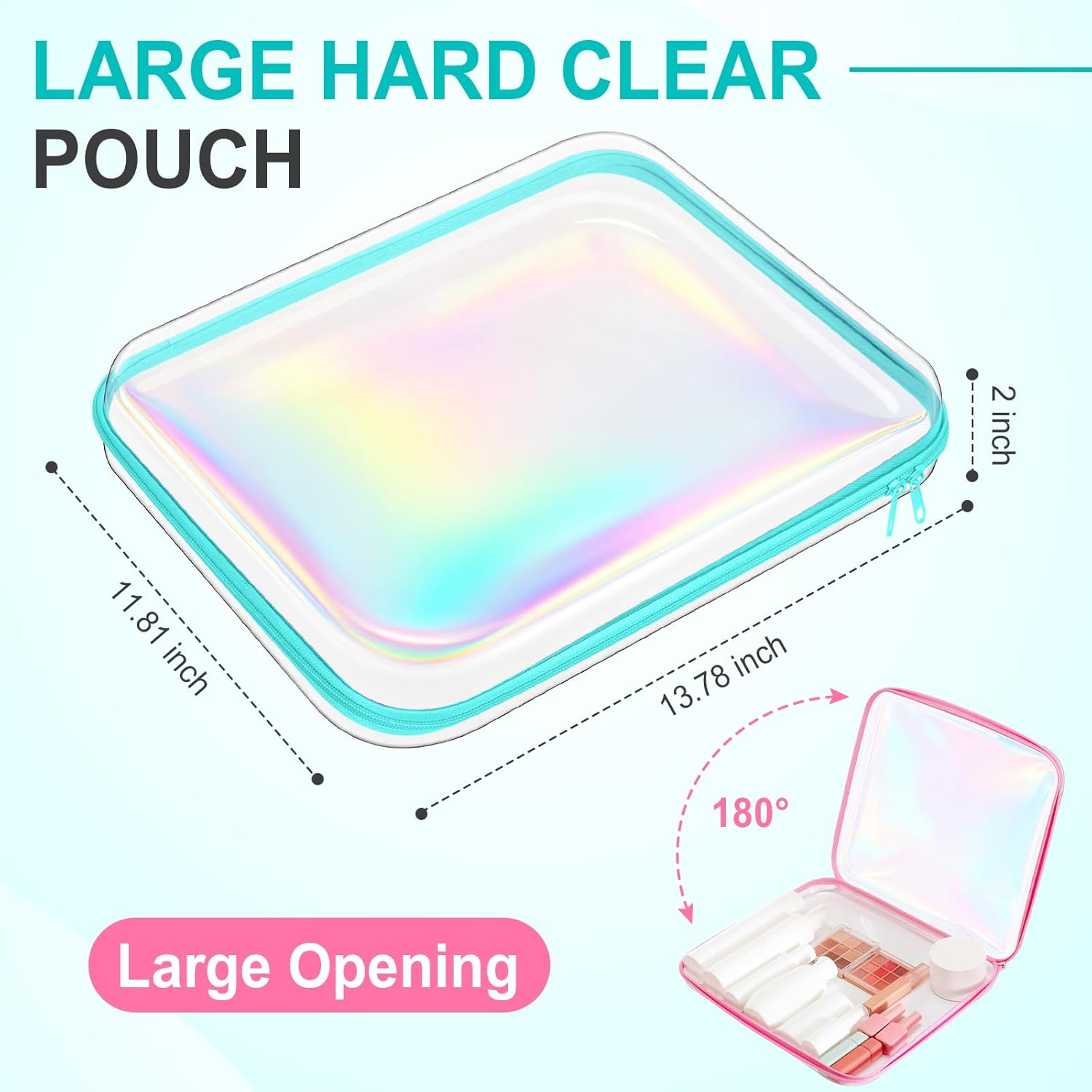 Sanwuta 6 Pcs Clear Hard Zipper Case Hard Plastic Zipper Pouches Transparent Makeup Bag Pencil Pouches for Travel Snacks Christmas Trinket Storage Organizer Box(Holographic,13.78 x 11.81 x 2 Inch)