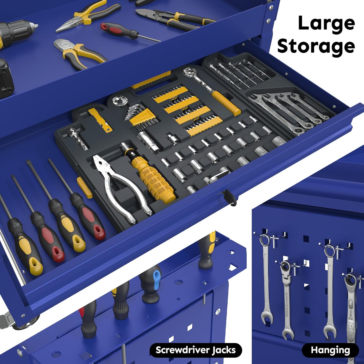 3-Tier Rolling Utility Cart, Metal Heavy Duty Utility Cart on Wheels with Lockable, 330 lb. Load Large Storage Capability Tool Cart for Garage, Warehouse, Repair Shop（Blue）