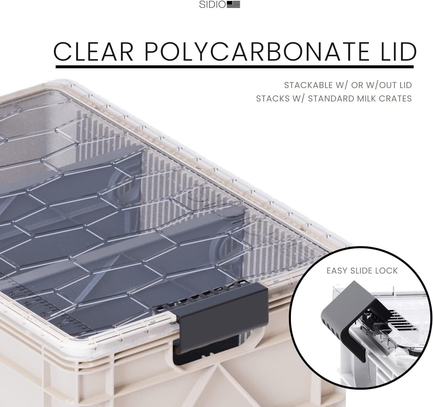 SIDIO CRATE Pro Pack - Two Full Size and One Half Size Heavy Duty Stackable Storage Bins, Totes and Containers with Lids and Dividers - Durable Organizer for Home, Office, Garage, and Outdoor Use