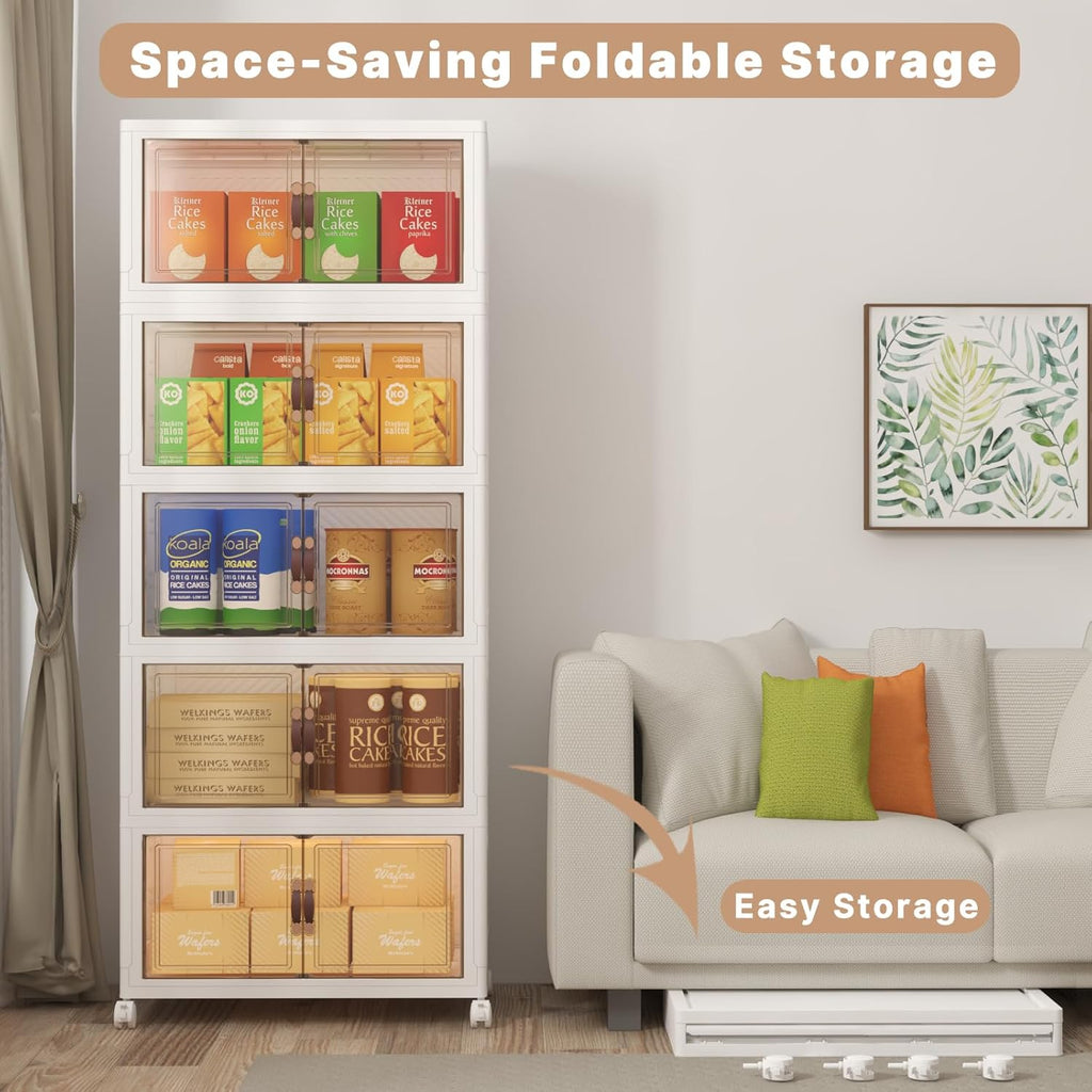 600Qt Stackable Storage Bins with Lids, 5 Pack Large Collapsible Bins with Wheels, Plastic Cabinet with Doors, Foldable Closet Organizers and Storage for Home, Dorm, Office, White