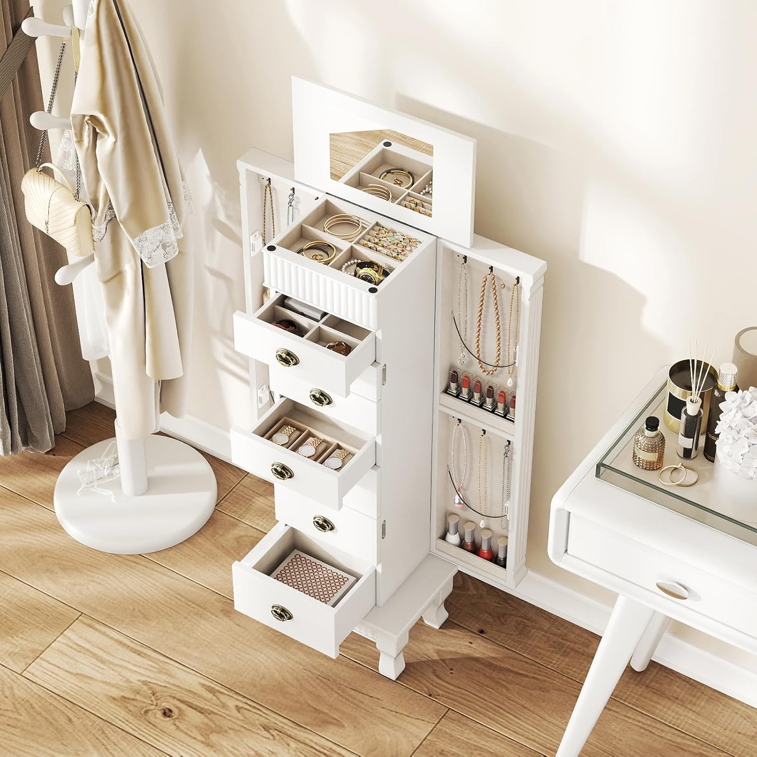 Giantex Standing Jewelry Cabinet with 7 Drawers, Flip-Top Mirror, 2 Side Doors with 12 Necklace Hooks, Divided Ring Compartments, Velvet-Lined Jewelry Armoire Organizer Chest (White)