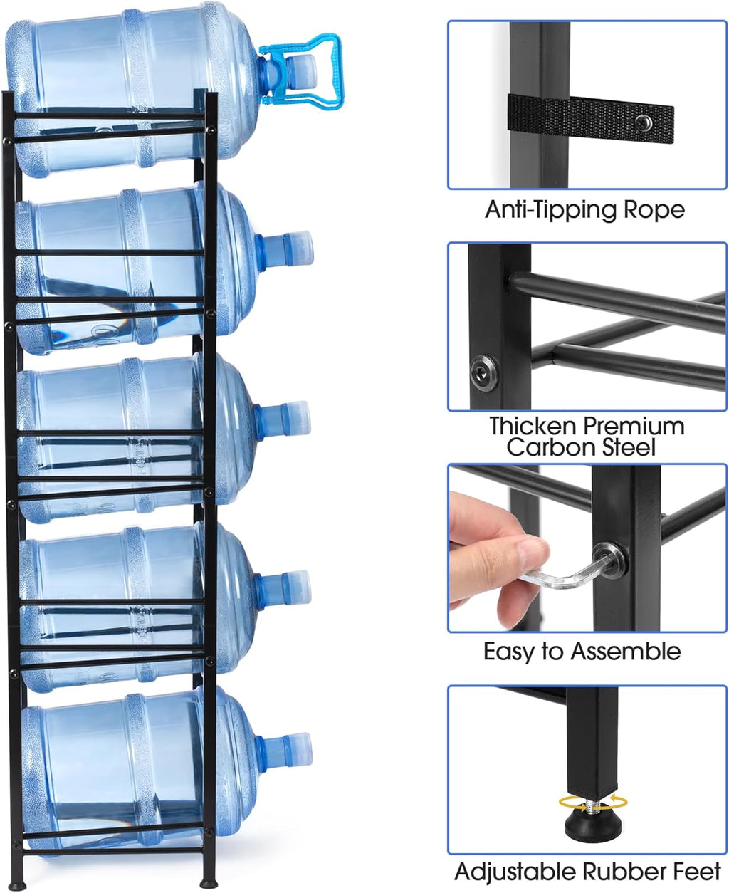 Klvied 5-Tier Heavy Duty Water Jug Organizer, 5 Gallon Cooler Jug Rack for Kitchen, Office, Living Room
