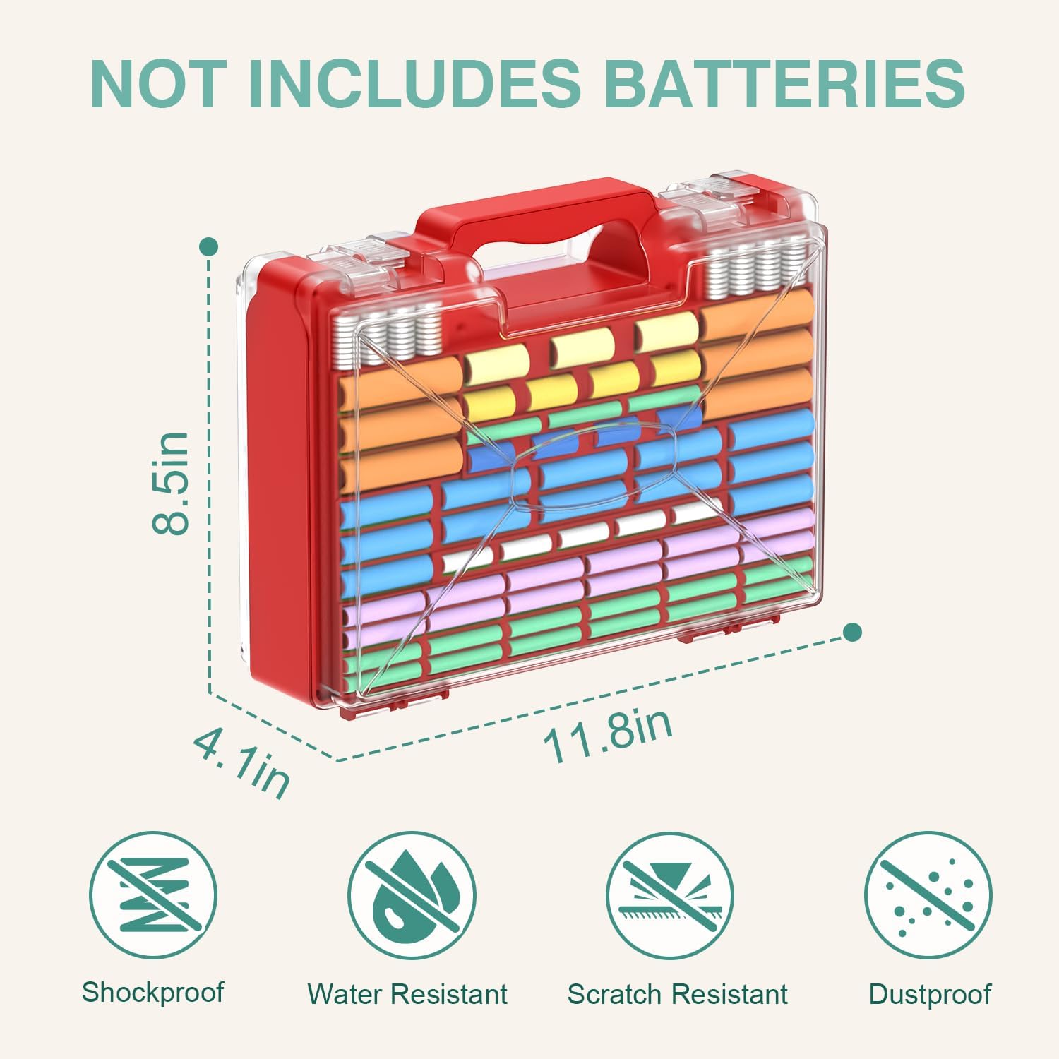 Battery Organizer Storage Holder Box Case with Tester, 185+ Batteries Double-Sided Variety Pack, Holds AA AAA 4A C D Cell 9V 3V Lithium LR44 CR2 CR123 CR1632 18650 Button - Red