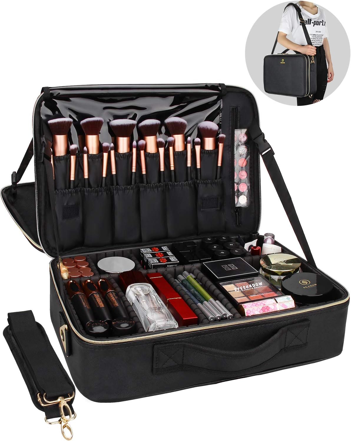 Relavel Makeup Case Large Makeup Bag Professional Train Case 16.5 inches Travel Cosmetic Organizer Brush Holder Waterproof Makeup Artist Storage Box, 3 Layer Large Capacity, with Adjustable Strap